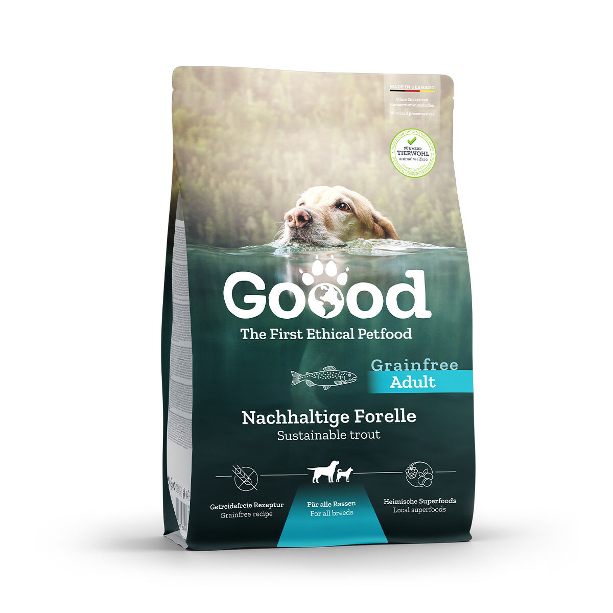 Verpackung für Hundefuttermarke "Goood" zeigt Hund im Wasser mit Text "Nachhaltige Forelle, Grainfree Adult". Enthält Icon für "Getreidefreie Rezeptur" und "Heimische Superfoods". Texte: "The First Ethical Petfood", "Für alle Rassen".