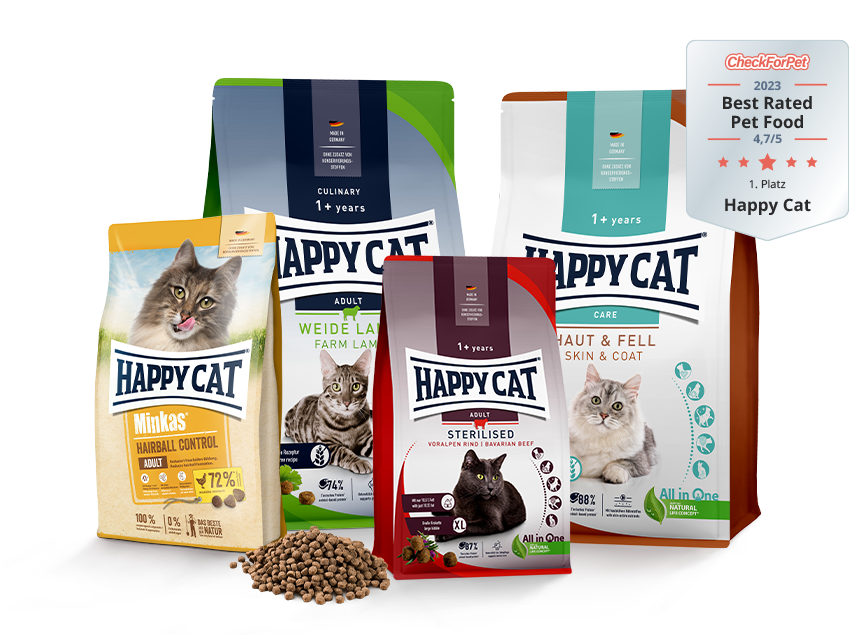 Vier verschiedene Happy Cat Trockenfutterpackungen mit Siegel Best Rated Pet Food 2023