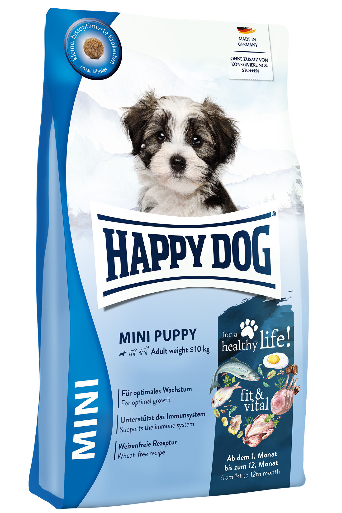fit & vital Mini Puppy Verpackung von Happydog Mini Puppy Hundefutter zeigt einen Welpen. Texte: "für optimales Wachstum", "unterstützt das Immunsystem", "weizenfreie Rezeptur", "fit & vital", "ab dem 1. Monat bis zum 12. Monat".