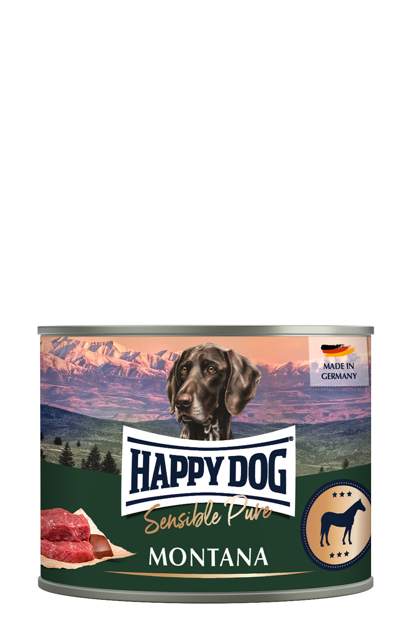 Dose mit Hundeabbildung, Aufschrift „Happy Dog Sensible Pure Montana“, Landschaft im Hintergrund, „Made in Germany“-Label sichtbar, rohes Fleisch dargestellt.