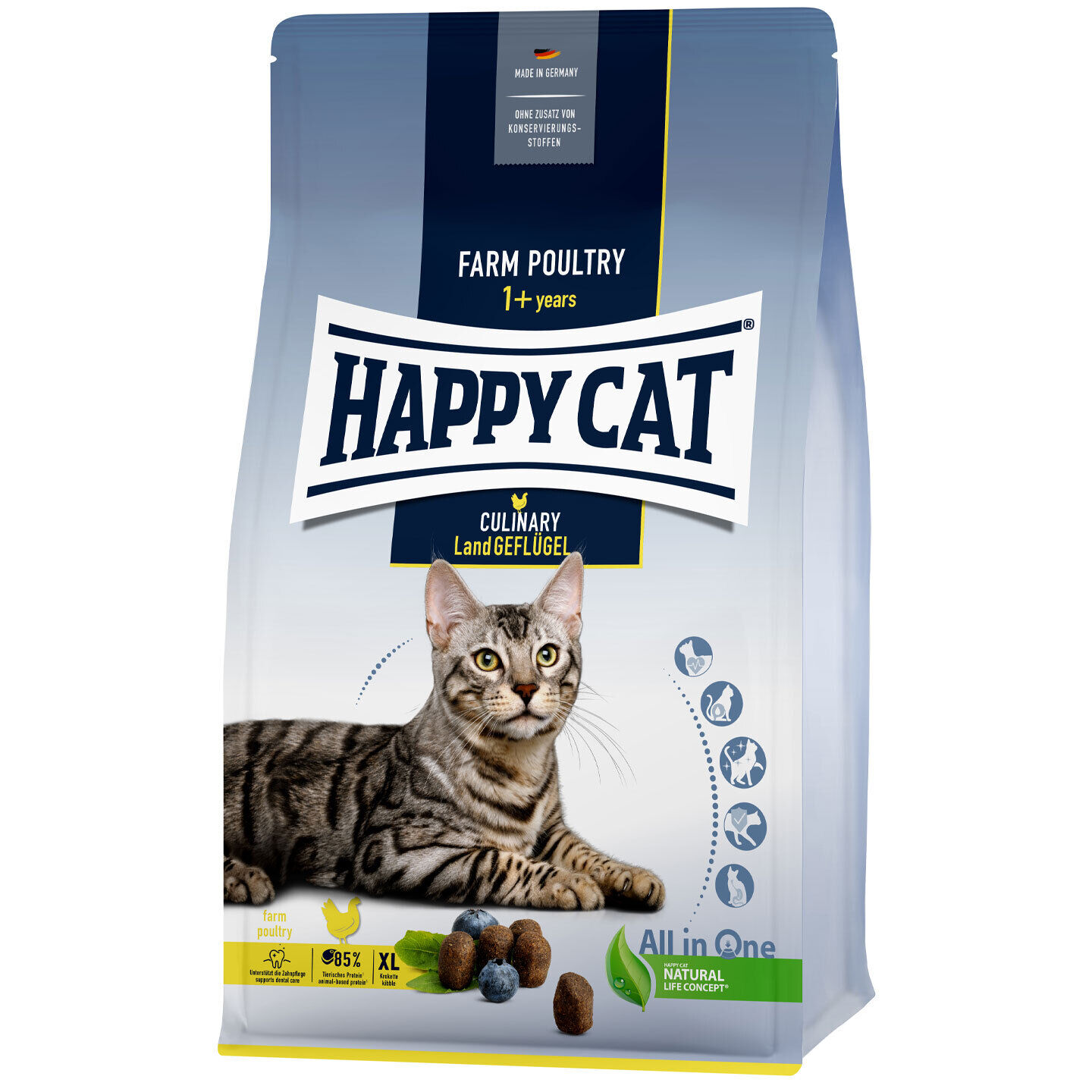 Eine Packung Happy Cat Culinary Land-Geflügel mit extra großen Kroketten