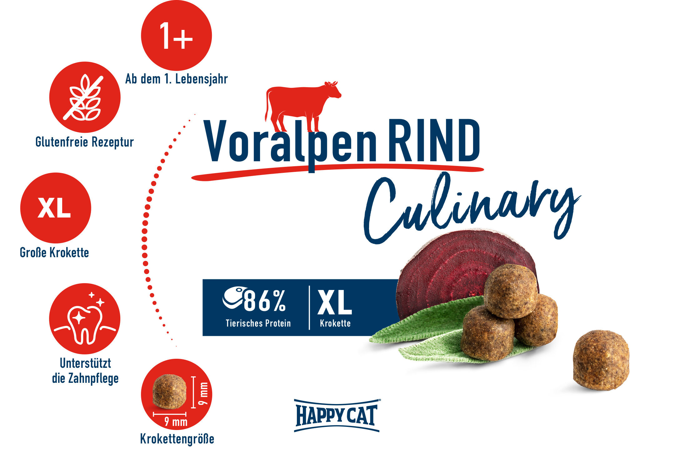 Produktverpackung für HappycatKatzenfutter mit Voralpenrind, glutenfreier Rezeptur, großer Krokettengröße zur Zahnreinigung, geeignet für Katzen ab 1 Jahr. Enthält 86 % tierisches Protein.