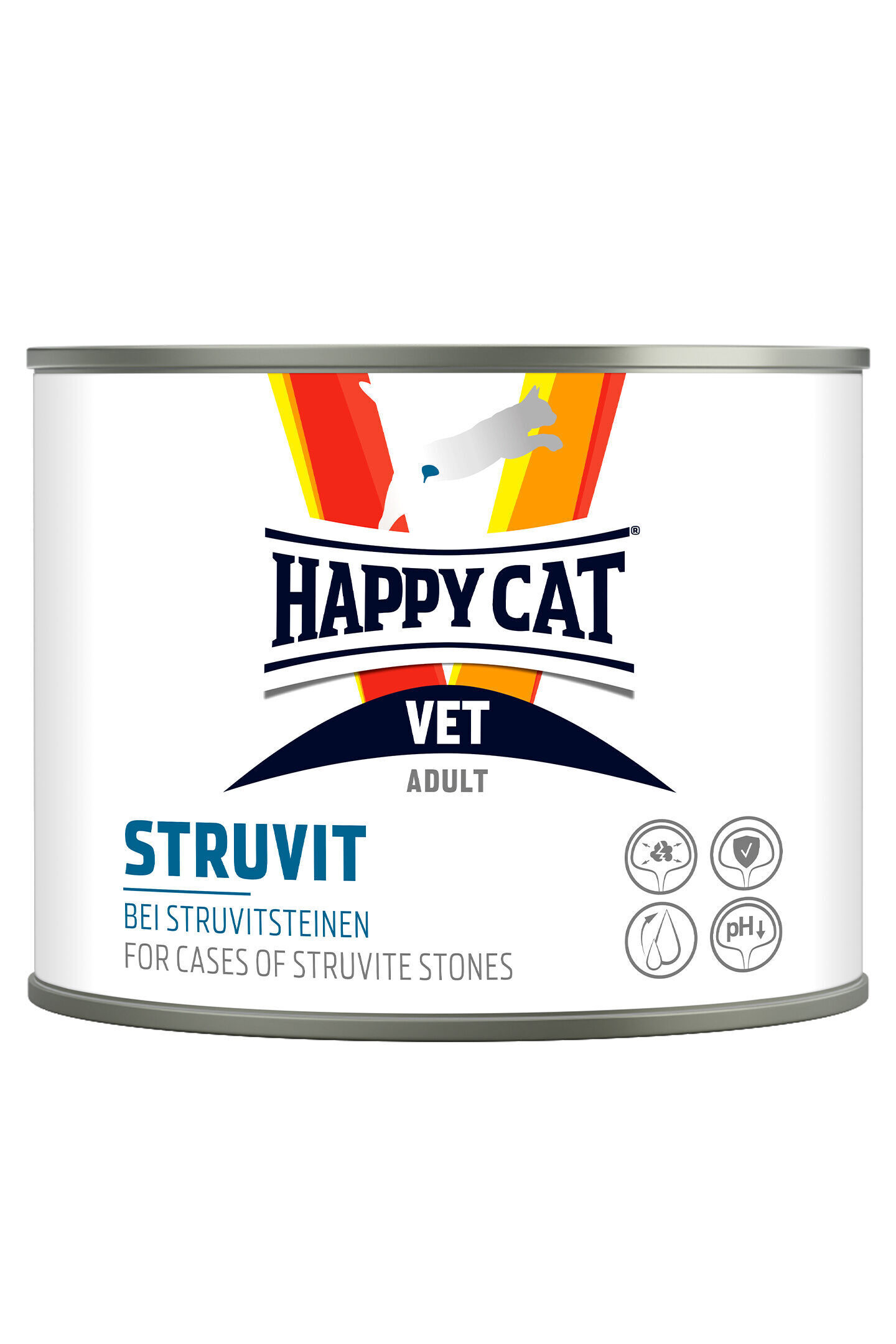 Dose Tiernahrung, Marke Happy Cat, mit Aufschrift "Struvit bei Struvitsteinen", enthält Icons für Zusammensetzung und pH-Wert, auf weißem Hintergrund.