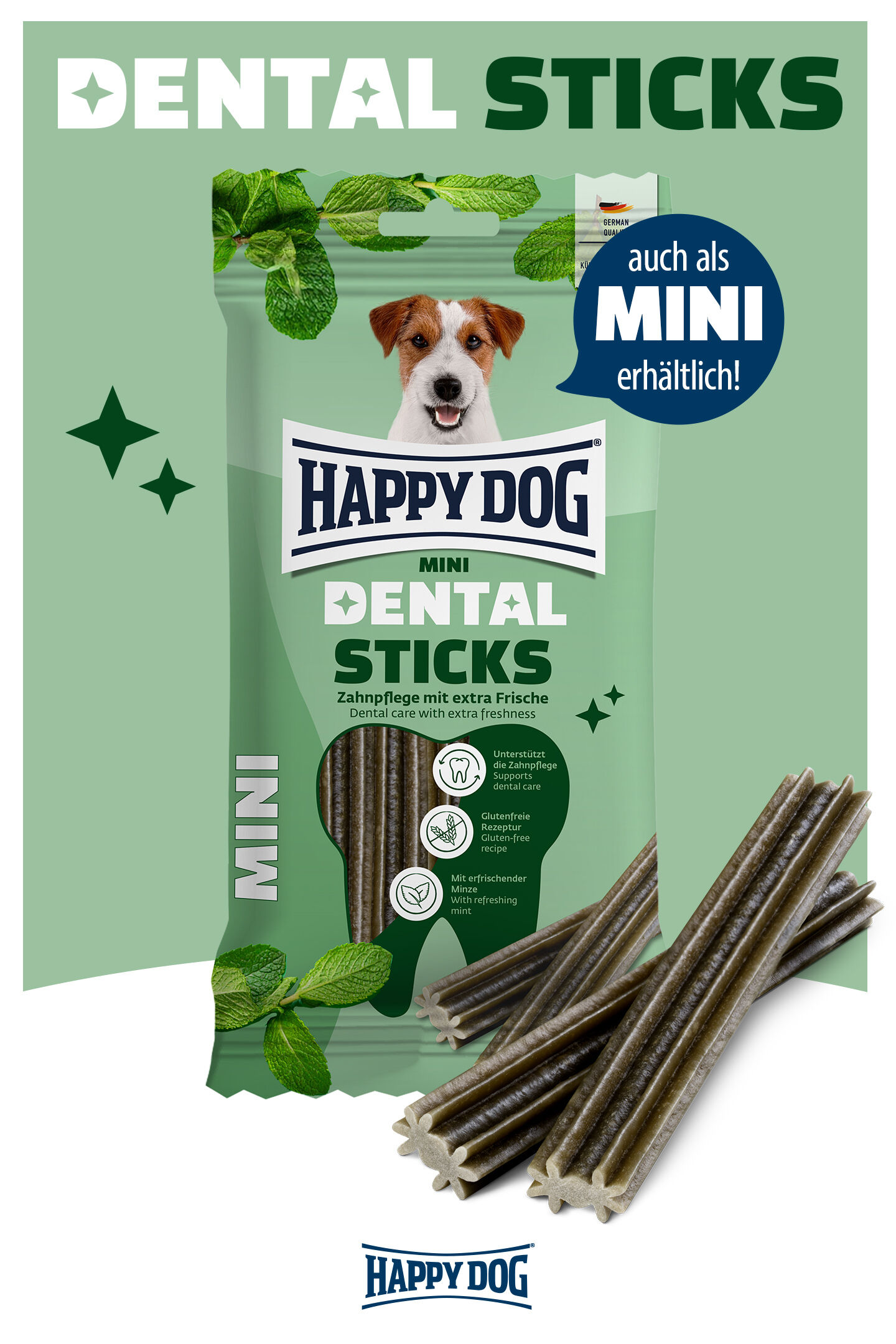 Präsentation der Mini-Variante der Dental Sticks Kaustangen von Happy Dog mit Zahnpflegeeffekt für Hunde