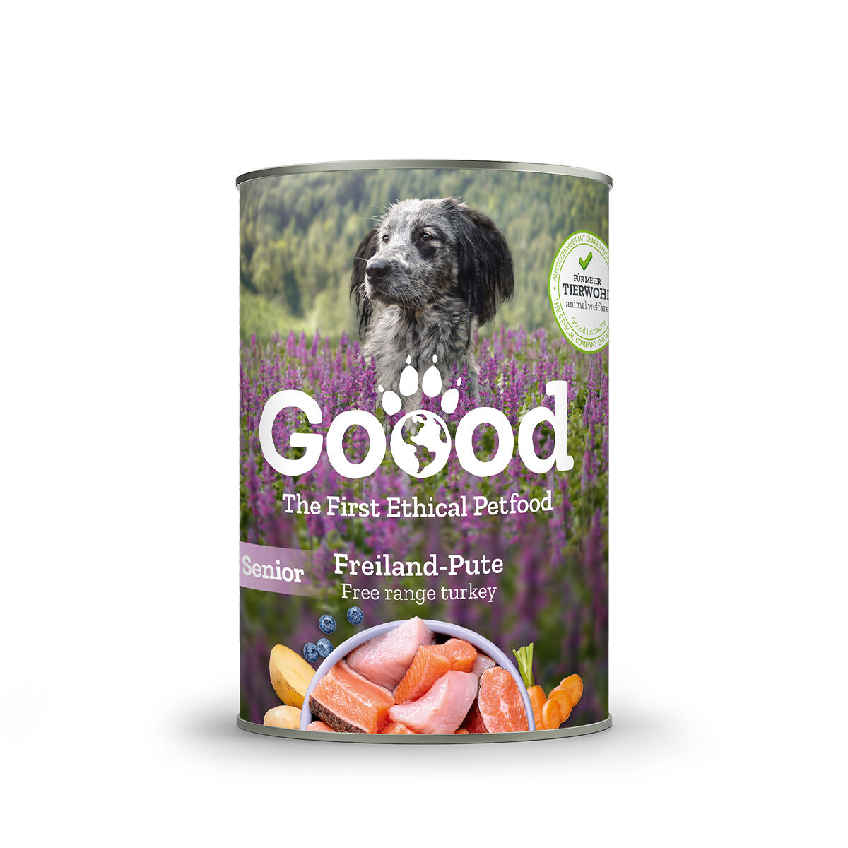 Hundefutterdose mit Bild eines Hundes vor lila Blumen. Aufschrift: "Goood, The First Ethical Petfood, Senior, Freiland-Pute, Free range turkey." Vegetarische Zutaten und Putenstücke abgebildet.