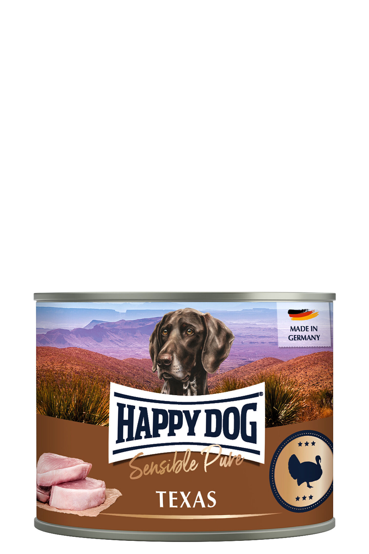 Hundefutterdose Happy Dog Sensible Pure Texas mit Hundebild und Landschaftsbild im Hintergrund, Aufschrift „Made in Germany“ und Piktogramm eines Truthahns.