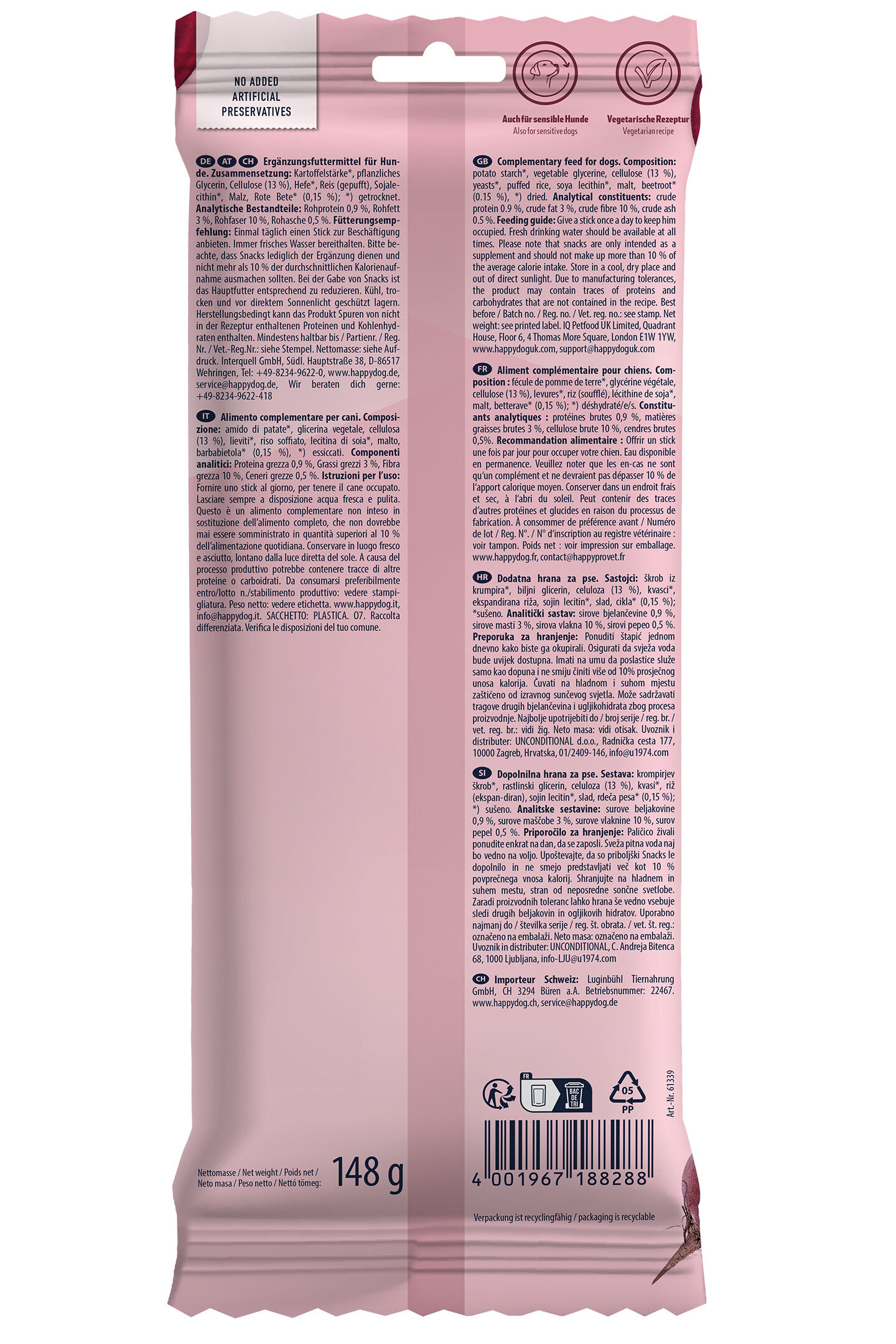 Verpackungsrückseite der Dental Rolls Kaustangen von Happy Dog mit Zahnpflegeeffekt für Hunde