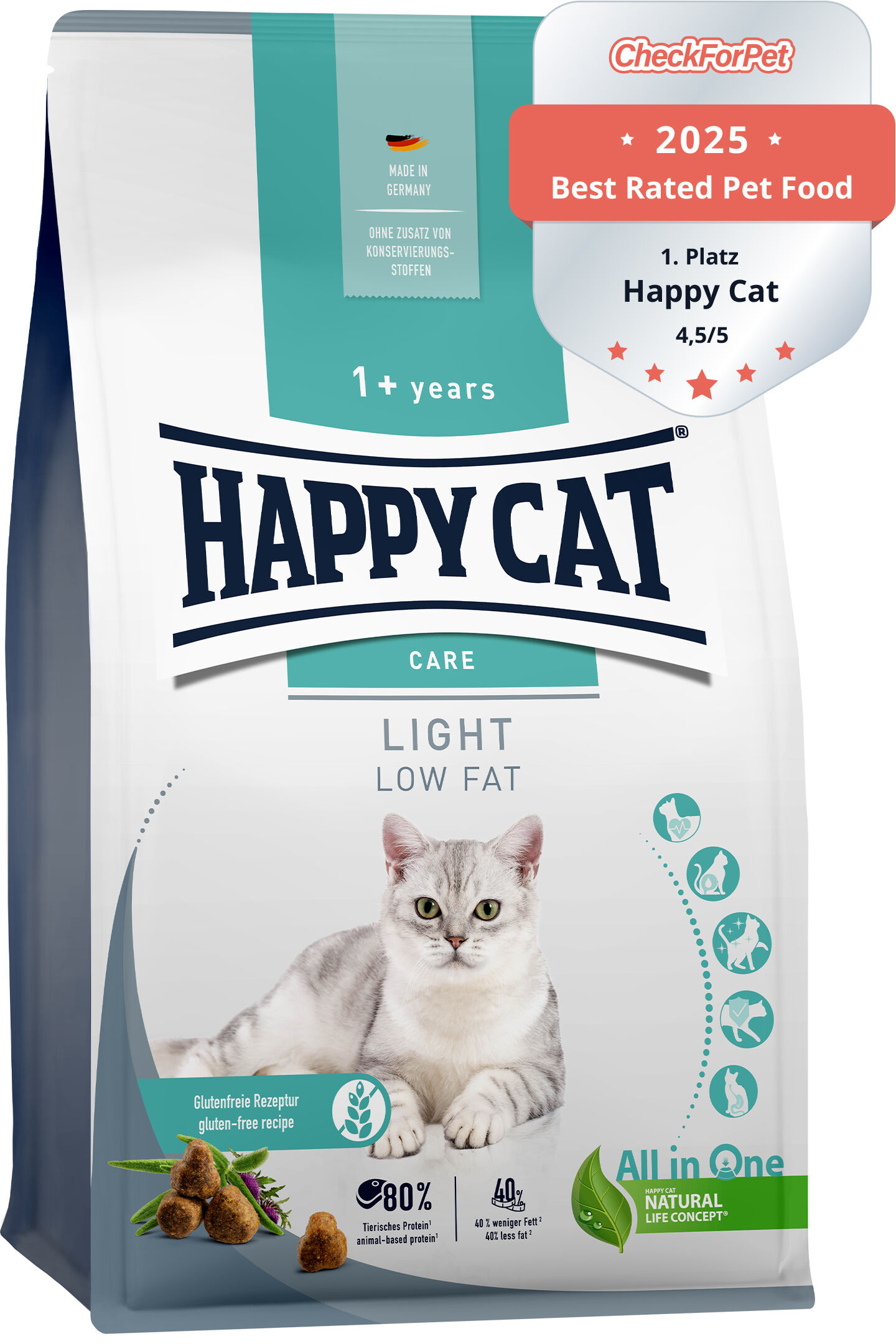 Verpackung von Happycat Katzenfutter mit Katze darauf, Text: "Happy Cat Care Light Low Fat", "1+ years", "Made in Germany", "CheckForPet 2023 Best Rated Pet Food 4,7/5".