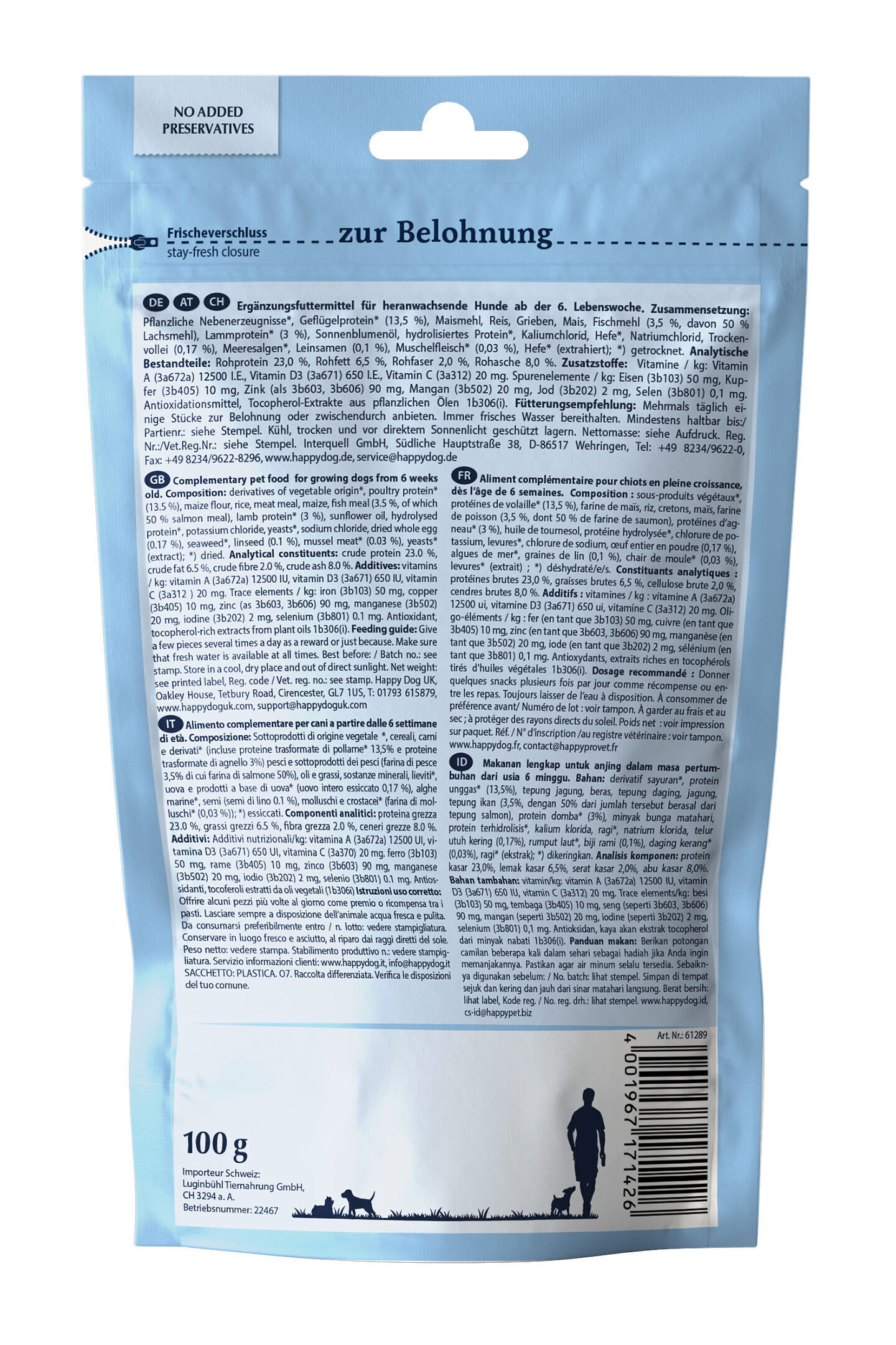 Verpackung für Hunde-Ergänzungsfutter, Marke Happydog, 100g. Text beschreibt Zusammensetzung, Fütterungsempfehlung und analytische Bestandteile in mehreren Sprachen, darunter Deutsch und Englisch.