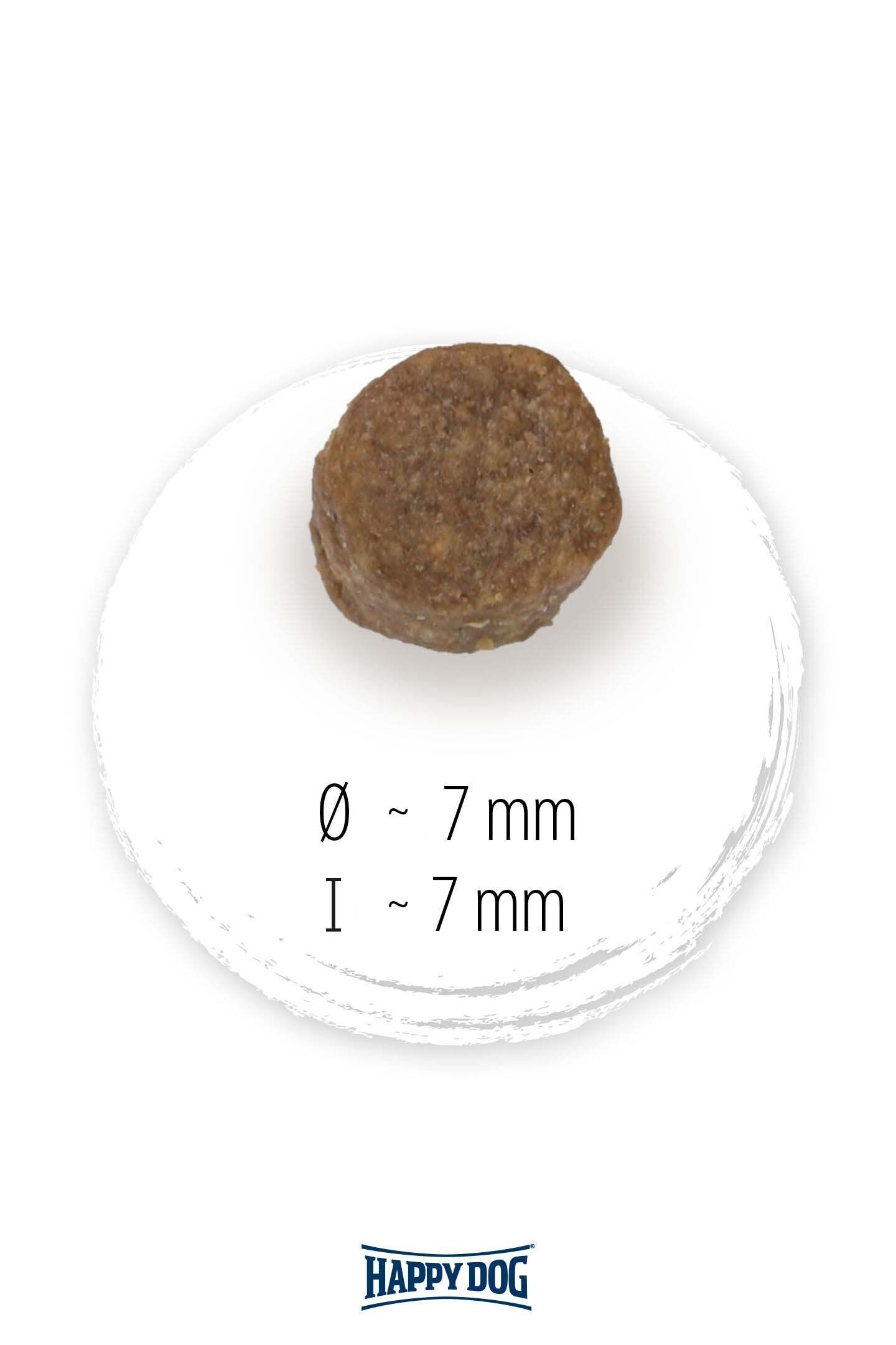 Eine runde, braune Hundetrockenfutter-Krokette wird dargestellt; Maße: Durchmesser und Höhe jeweils etwa 7 mm. Unten steht "Happydog".