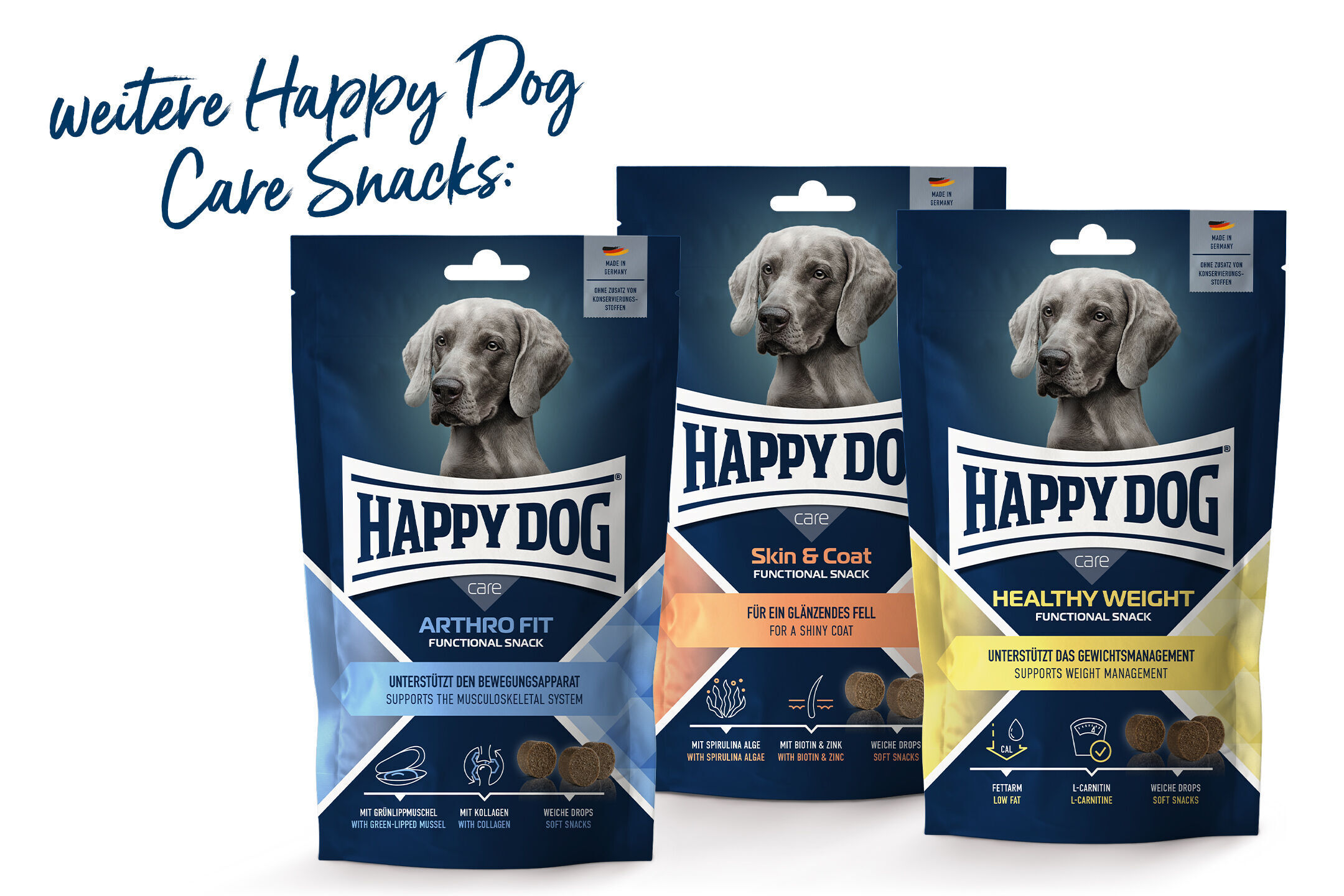 Drei Verpackungen von Happy Dog Care Snacks mit der Aufschrift "Arthro Fit", "Skin & Coat" und "Healthy Weight" vor weißem Hintergrund. Text: "weitere Happy Dog Care Snacks."