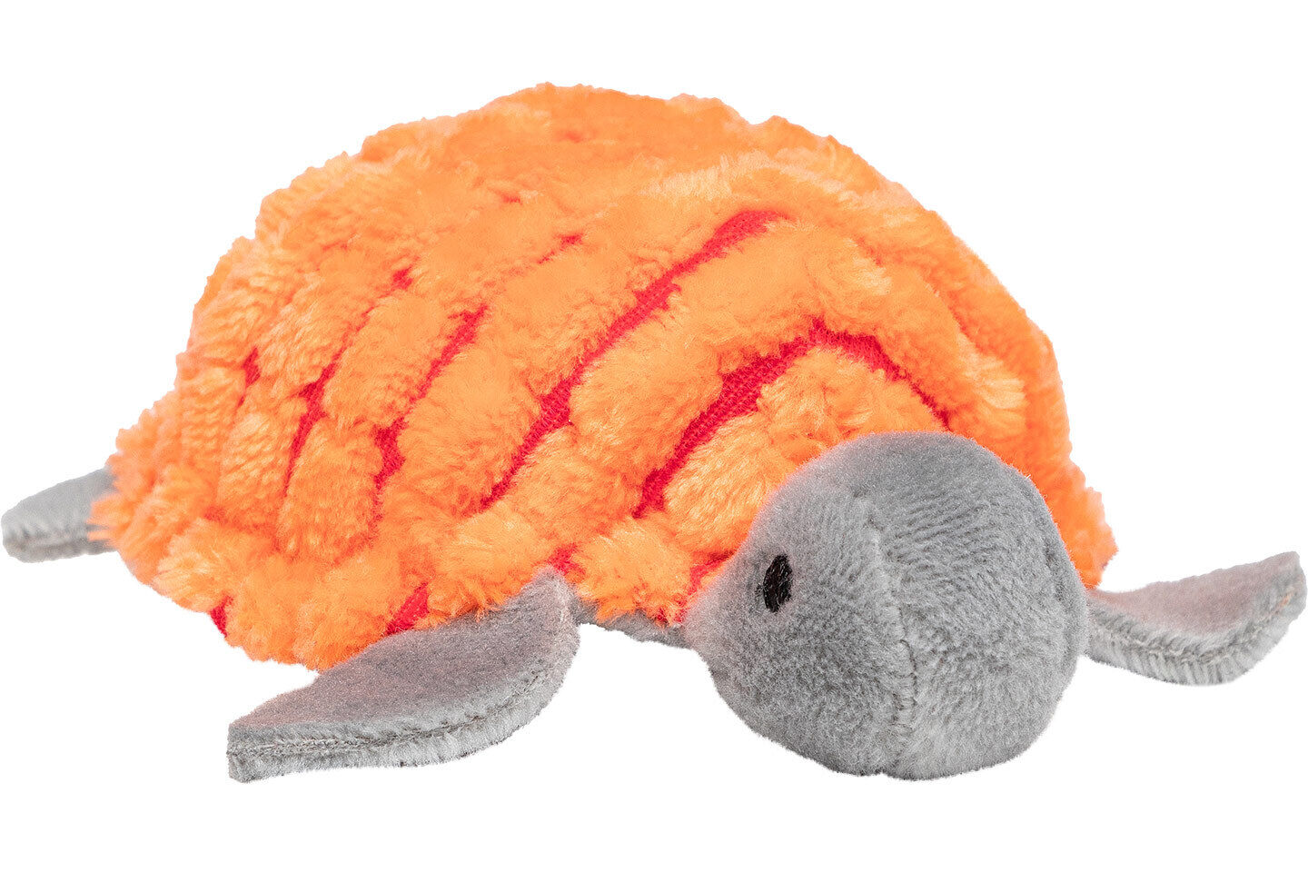 Katzenspielzeug Schildkröte Plüsch-Schildkröte in Orange und Grau, liegt entspannt auf einer Oberfläche.