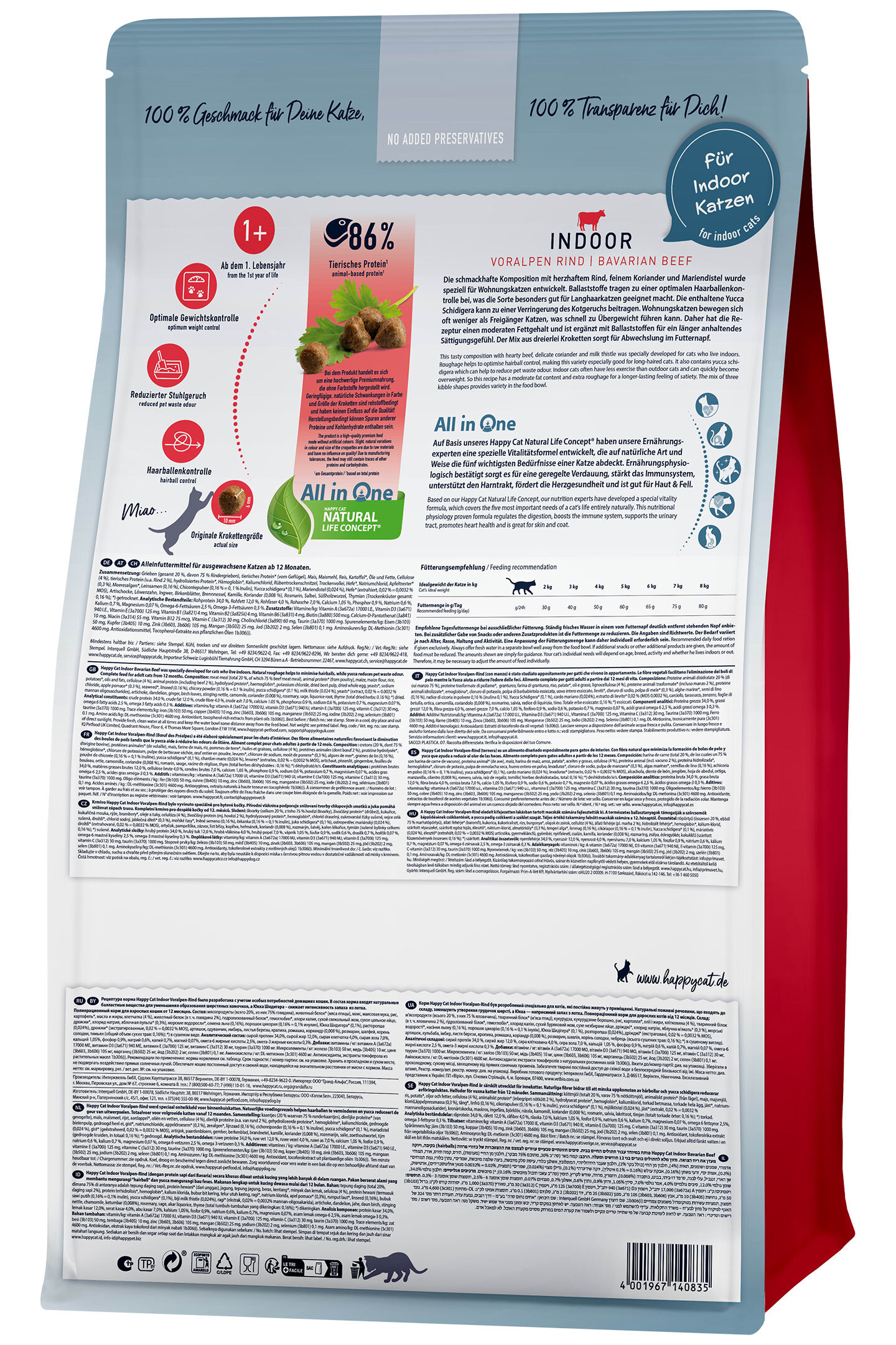 Verpackungstüte mit Katzenfutter für Indoor-Katzen, Marke Happycat. Enthält Informationen zur Fütterung, Inhaltsstoffe und Vorteile wie Gewichtskontrolle, Haarballenkontrolle und geruchsreduzierter Stuhlgang.