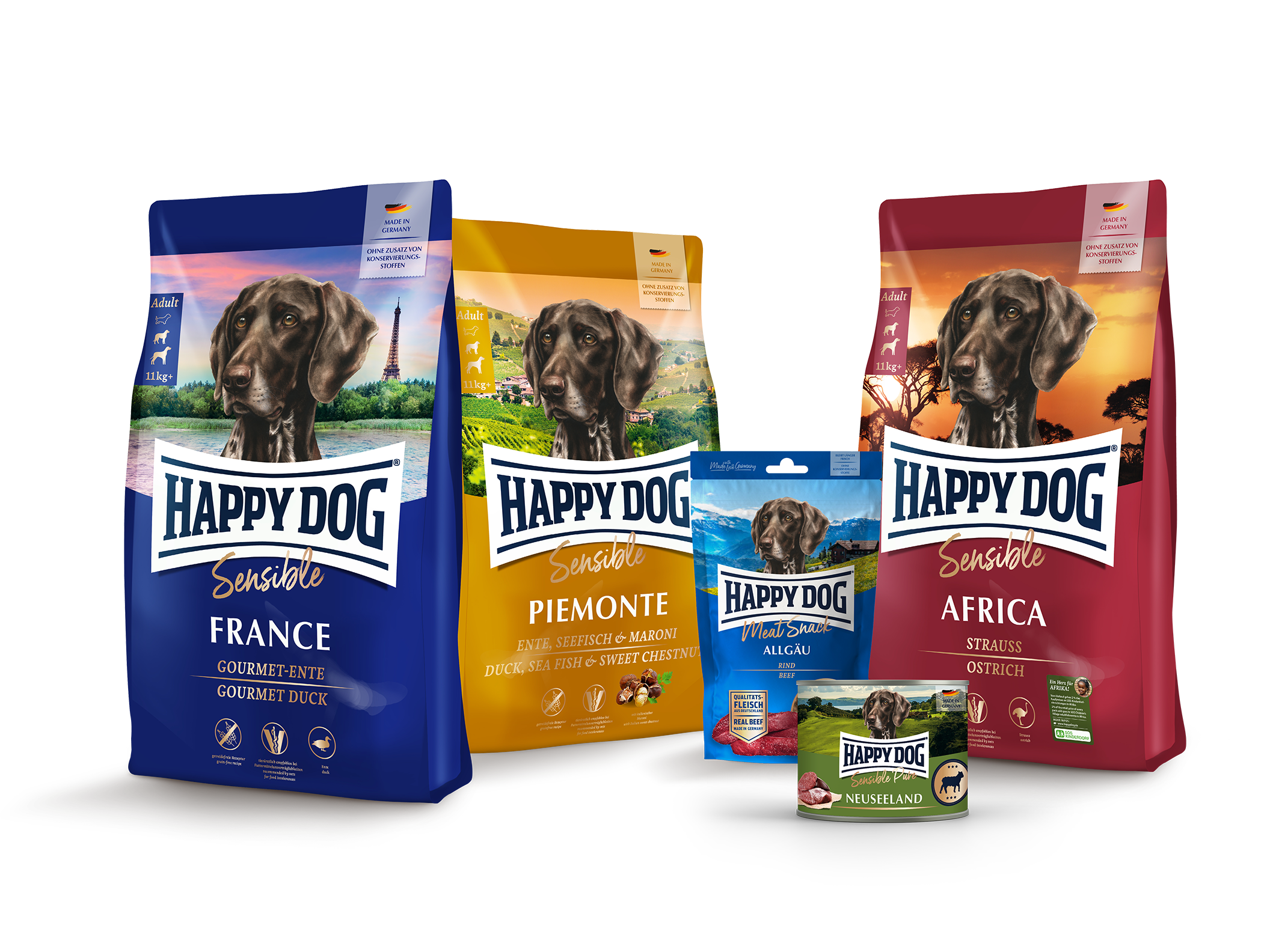 Fünf Happydog-Hundefutterprodukte in verschiedenen Verpackungen, dargestellt in einer Reihe. Jede Packung zeigt einen Hund und unterschiedliche Geschmacksrichtungen wie Gourmet-Ente und Strauß.