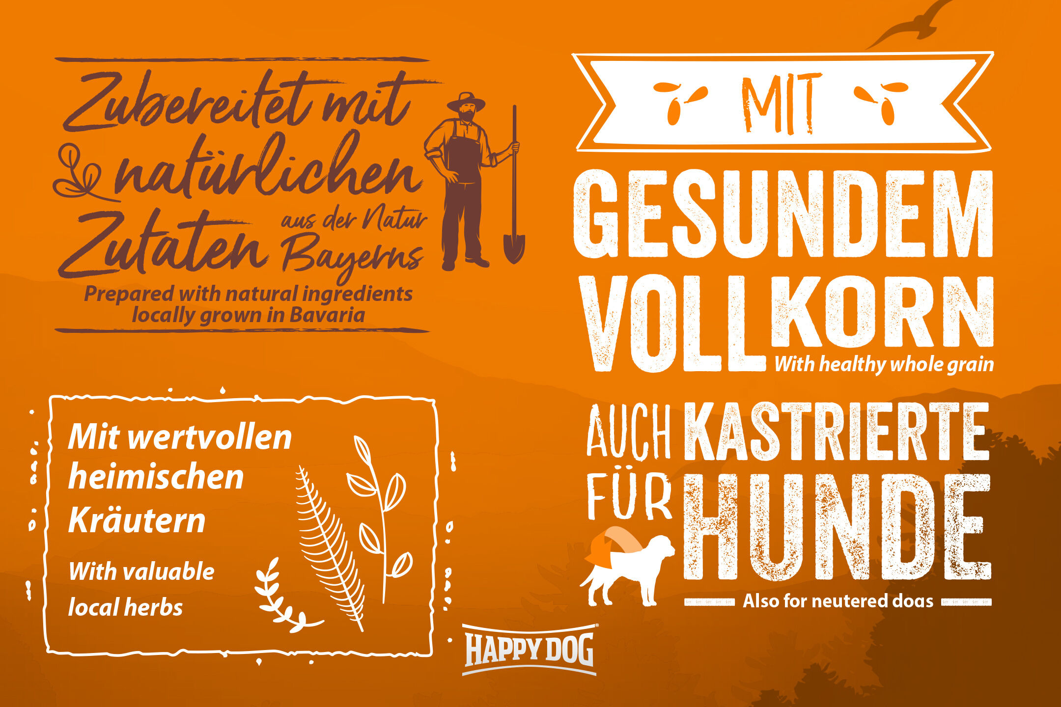 Eine Verpackung zeigt Text: "Zubereitet mit natürlichen Zutaten aus Bayern", "Mit gesundem Vollkorn", "Mit wertvollen heimischen Kräutern" und die Marke Happydog.