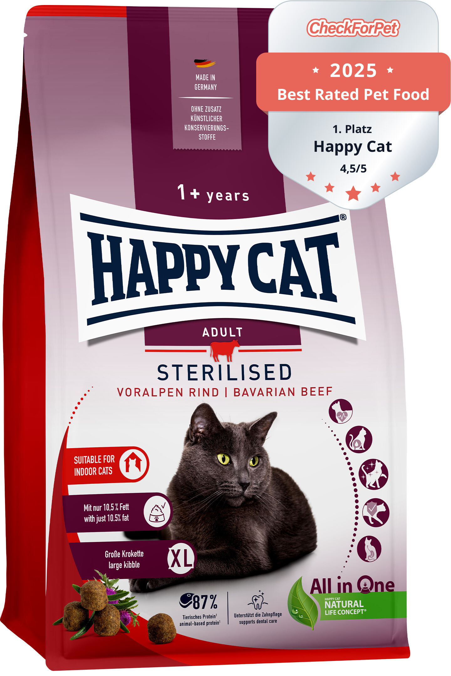 Eine Verpackung für Katzenfutter zeigt eine schwarze Katze, Markenname "Happy Cat", Text "Best Rated Pet Food", und ist für sterilisierte erwachsene Katzen.