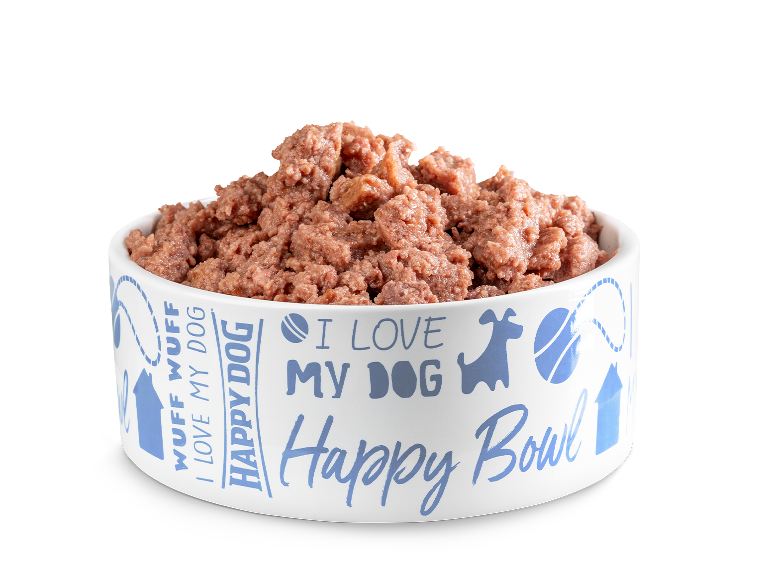 Ein Napf gefüllt mit stückigem Hundefutter. Der Napf ist bedruckt mit blauem Text und Motiven, darunter „I love my dog“ und „Happydog“.