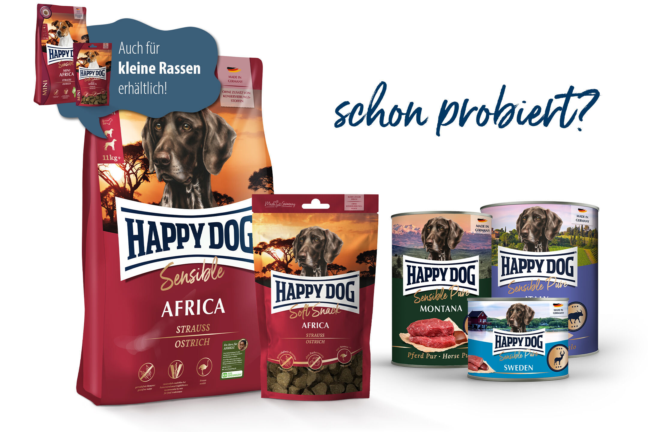 Verschiedene Packungen Happydog Hundefutter in verschiedenen Geschmacksrichtungen sind ausgestellt. Ein Sprechblasen-Text betont Verfügbarkeit für kleine Rassen. Text: "schon probiert?"