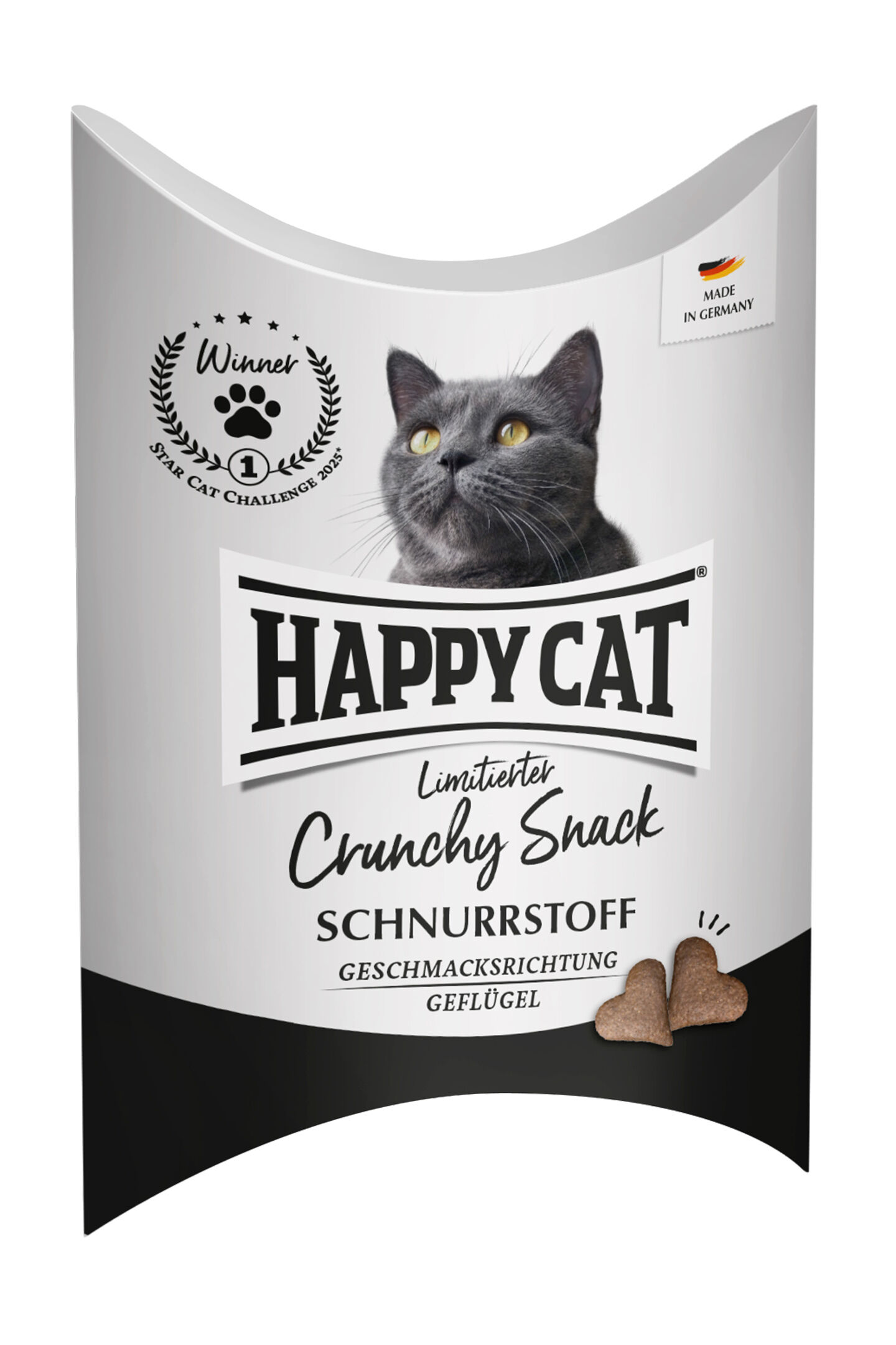 Vorderseite der Verpackung des Schnurrstoff Crunchy Snack von Happy Cat
