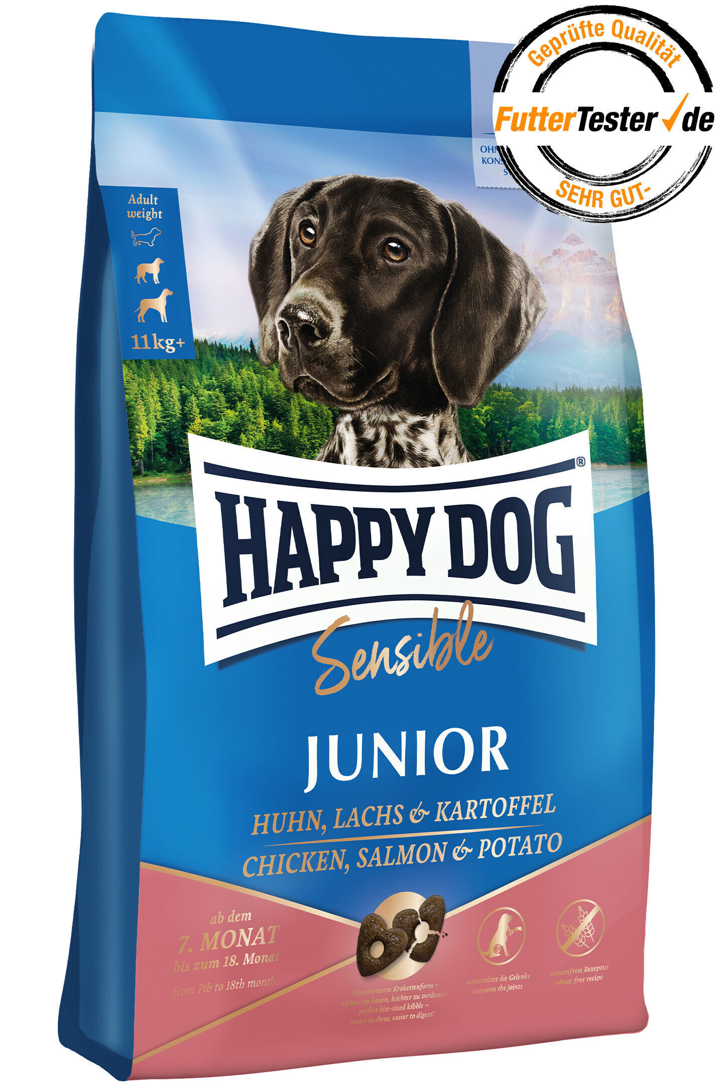 Hund auf Verpackung - Darstellung - Futtertester-Siegel „Sehr gut“, Marke Happy Dog, Produkt „Sensible Junior“, für Hunde ab dem 7. Monat, Geschmacksrichtung Huhn, Lachs, Kartoffel.
