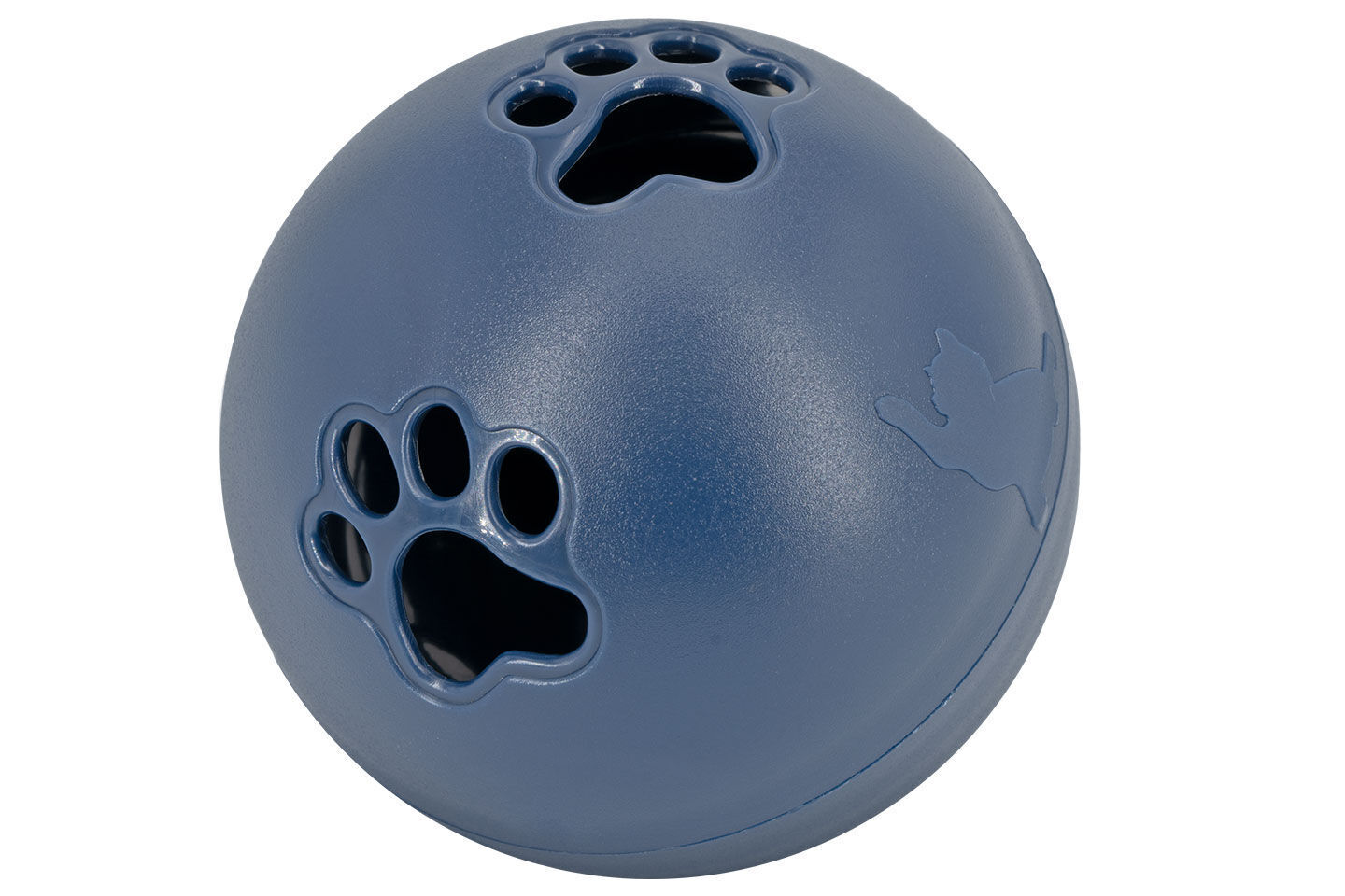 Snackball Blauer Plastikball mit Pfotenlöchern und Katzenumriss, dient als Spielzeug oder Belohnungsspender.