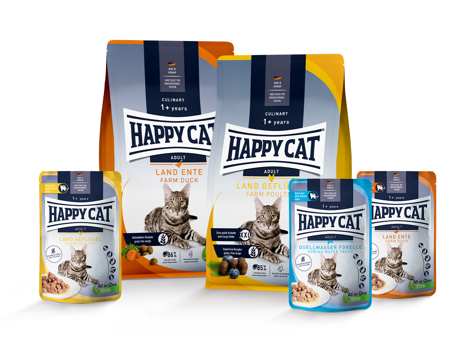 Verpackte Tiernahrung mit Katzenbildern. Verschiedene Geschmäcker: Landente, Landgeflügel, Quellwasserforelle. Markenname: Happy Cat. Designed für 1+ Jahre alte Katzen.