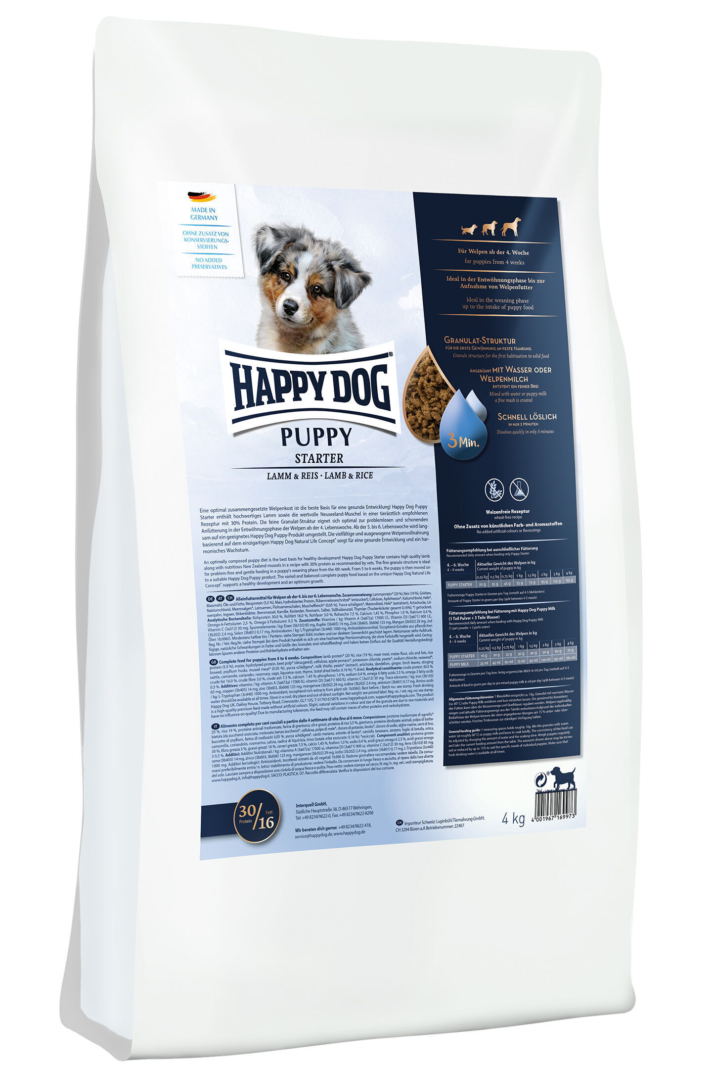 Beutel mit Happy Dog Puppy Starter Trockenfutter Lamm & Reis, ideal ab der 4. Woche. Enthält Granulat-Struktur, schnell löslich mit Wasser oder Welpenmilch. Made in Germany, 4 kg.