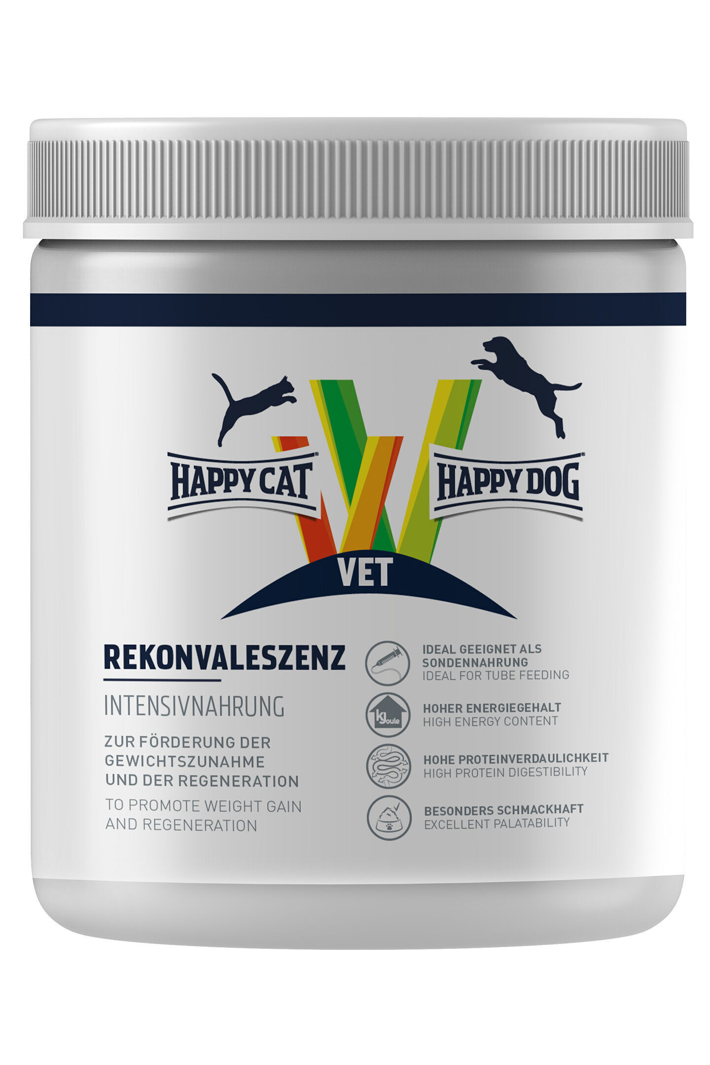VET Diet Reconvalescence Dose mit Aufschrift „Happy Cat VET“ und „Happy Dog VET“, enthält Rekonvaleszenz-Intensivnahrung zur Förderung von Regeneration und Gewichtszunahme. Text: „Ideal als Sondennahrung, hoher Energiegehalt, gut verdauliches Protein, besonders schmackhaft.“