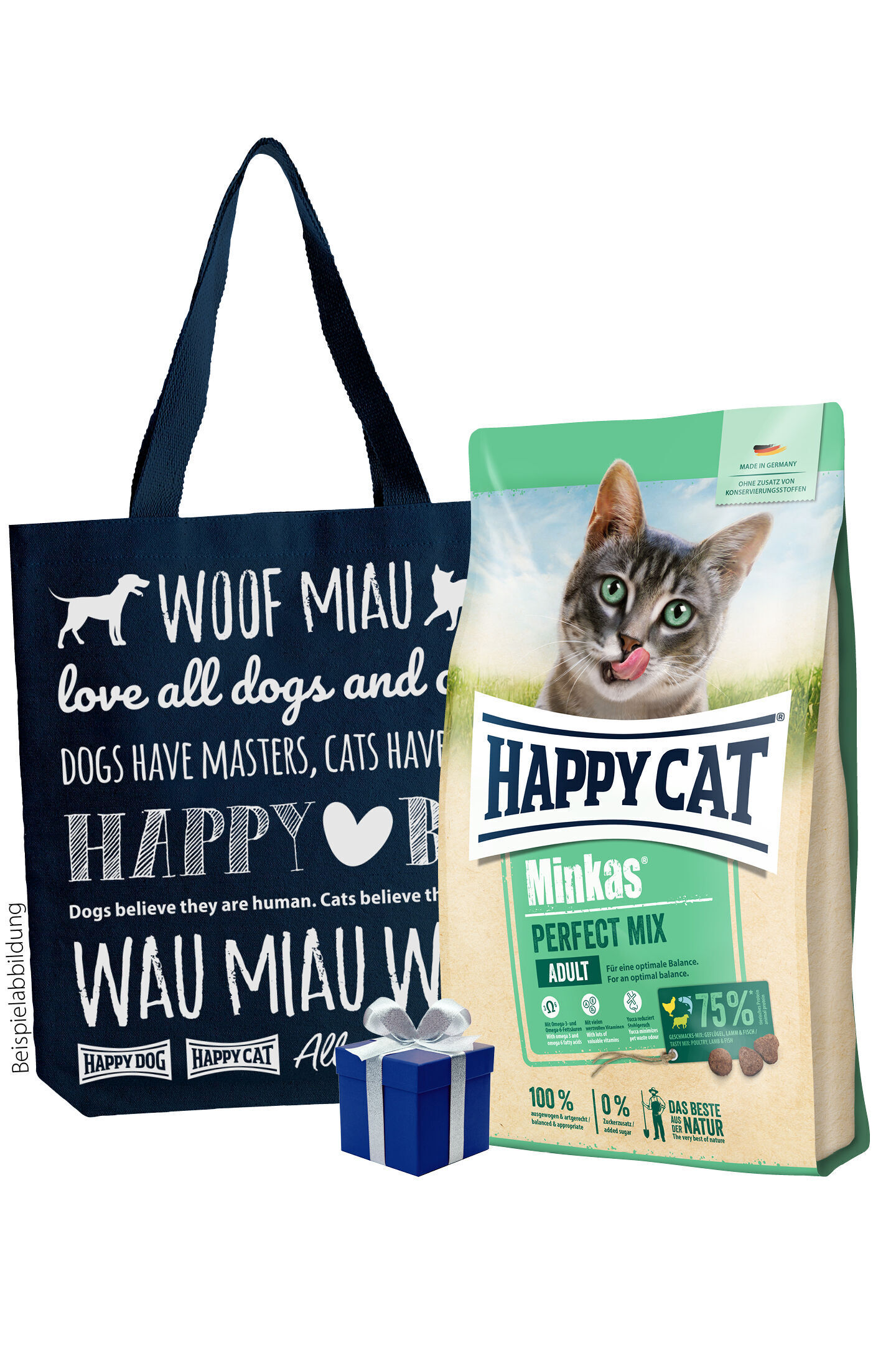 Tasche mit Text, Katzenfutter-Verpackung "Happy Cat Minkas Perfect Mix" daneben, Geschenkbox im Vordergrund. Verpackung betont natürliche Zutaten ohne Zusatzstoffe.