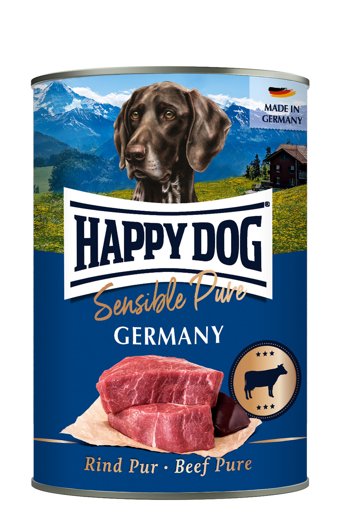Hundefutterdose zeigt Hund mit Bergen im Hintergrund. Text: "HAPPY DOG, Sensible Pure, GERMANY, Rind Pur - Beef Pure, MADE IN GERMANY". Darunter rohes Fleisch abgebildet.
