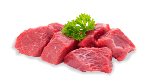 Frisches, rohes Fleisch in Stücken mit Petersilie obendrauf