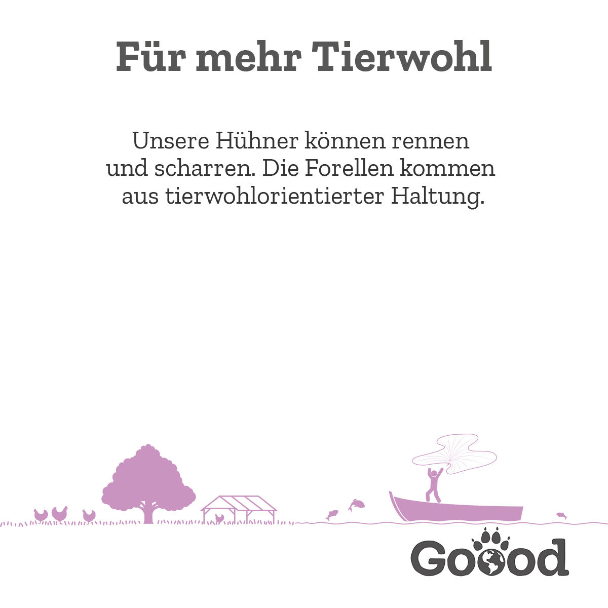 Text auf dem Bild: „Für mehr Tierwohl. Unsere Freilandhühner können rennen und scharren. Die Forellen kommen aus nachhaltigen Aquakulturen.“ Unten sind stilisierte Tiere und ein Baum abgebildet.