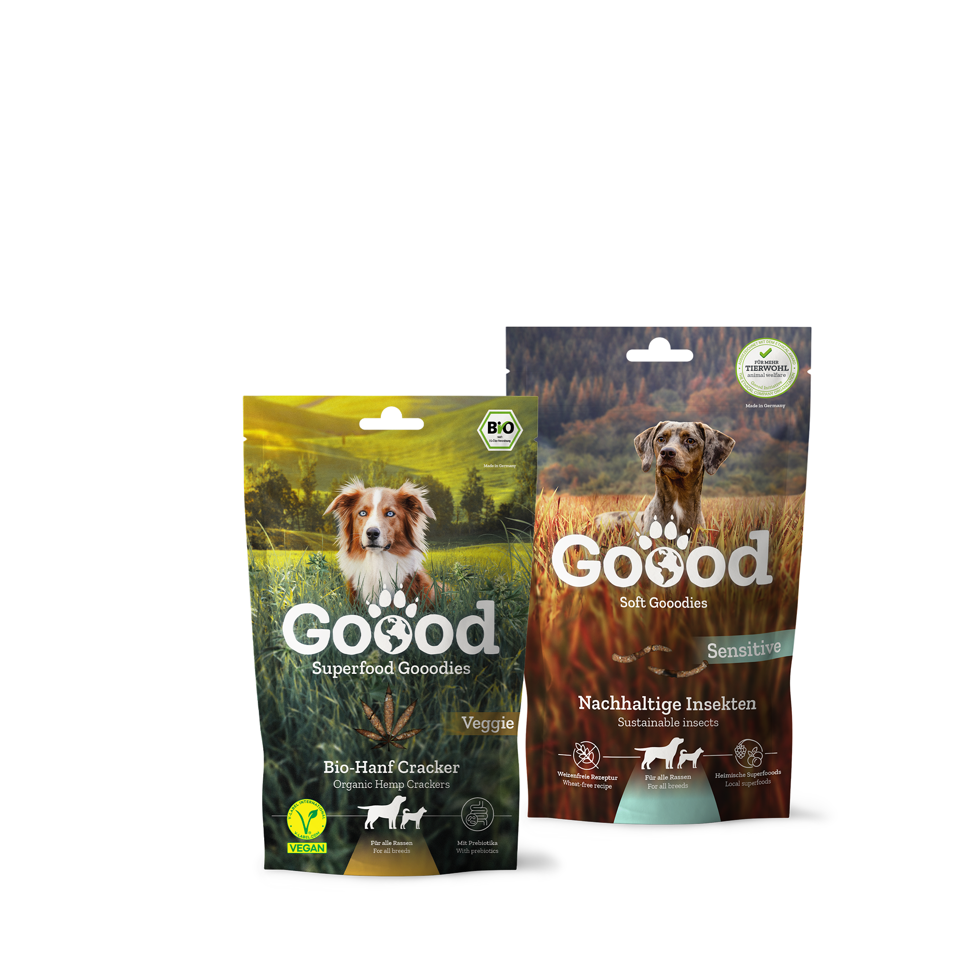 Zwei Hundesnacks der Marke Goood, in vegetarischer Variante.