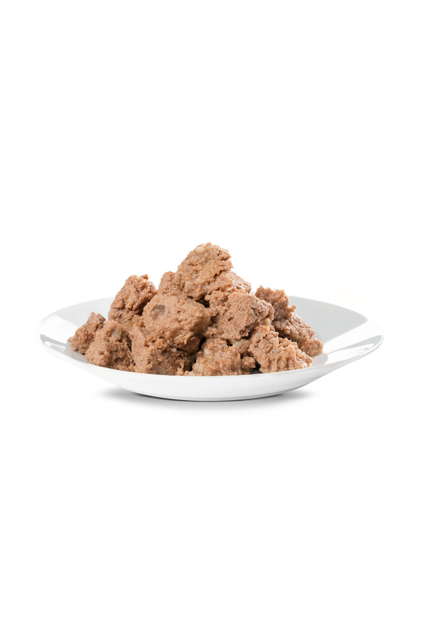 Ein weiรer Teller hรคlt eine Portion weiches, brรคunliches Futter, das locker aufgeschichtet ist.