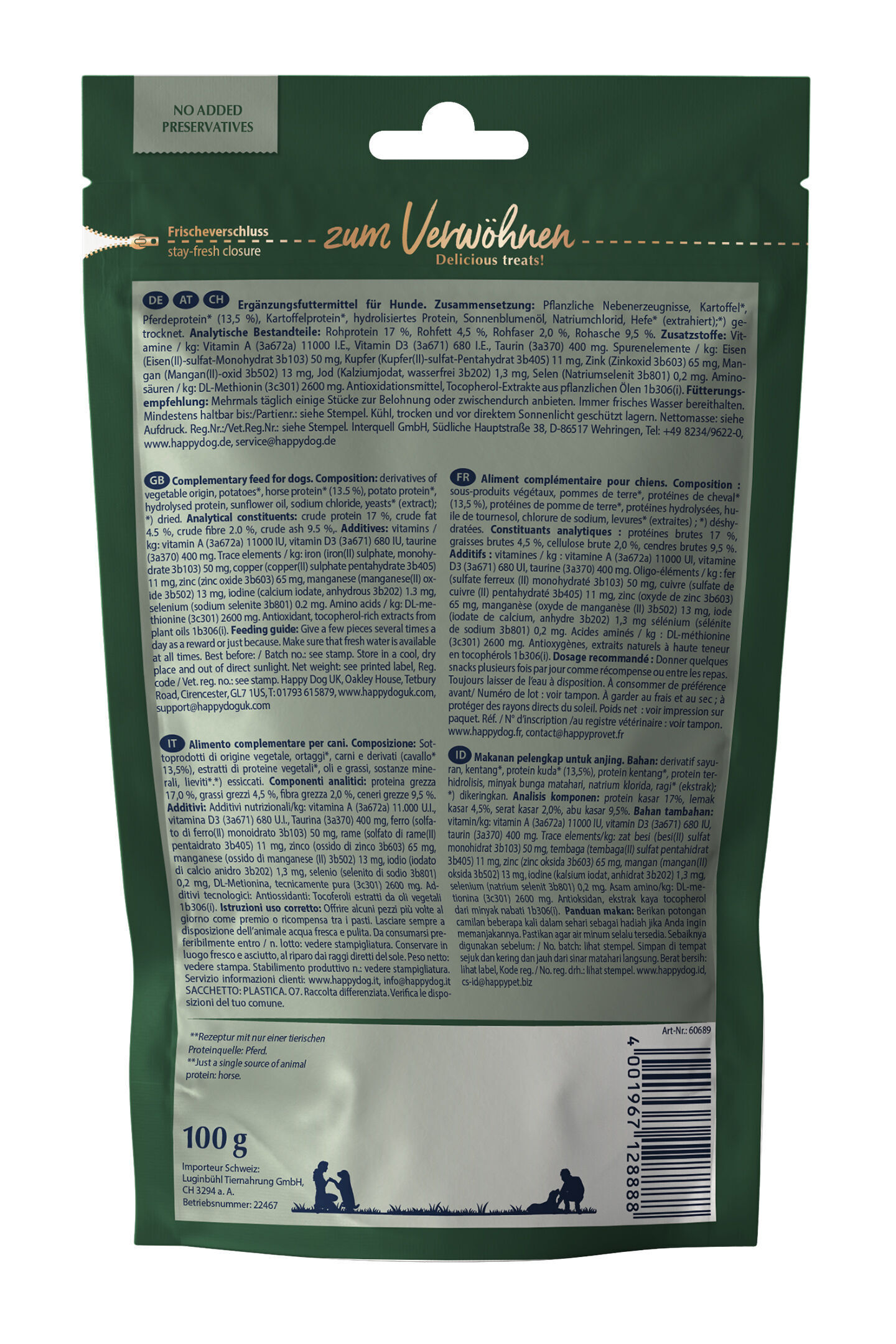 Verpackung mit Text in mehreren Sprachen: "Ergänzungsfuttermittel für Hunde." Zutaten und analytische Bestandteile sind aufgelistet. Markennamen und Kontaktinformationen von Happydog sind angegeben.