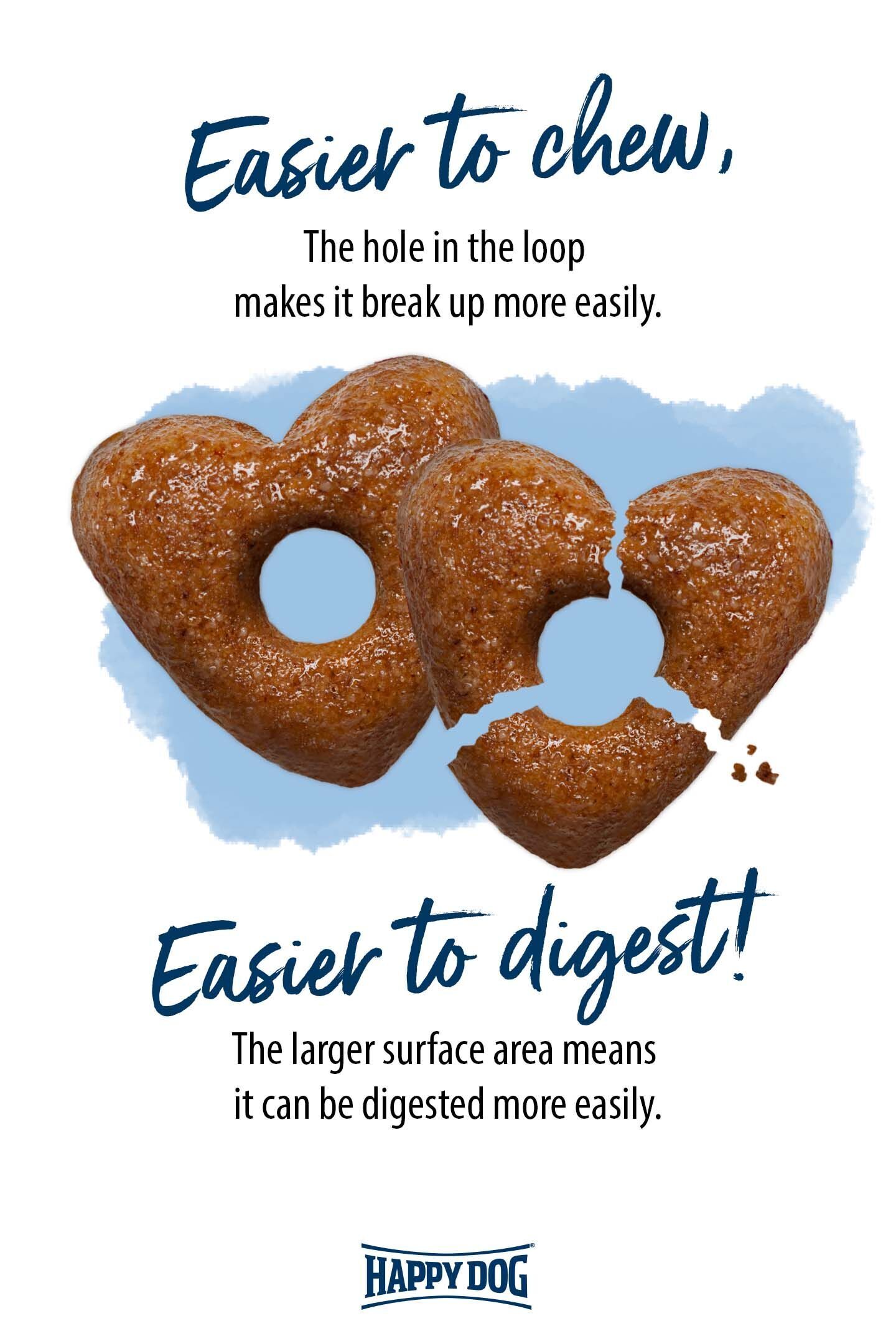 Herzförmige Hundekekse mit Loch; zerbrochen dargestellt. Text: "Easier to chew, The hole in the loop makes it break up more easily. Easier to digest! The larger surface area means it can be digested more easily." Marke: Happy Dog.