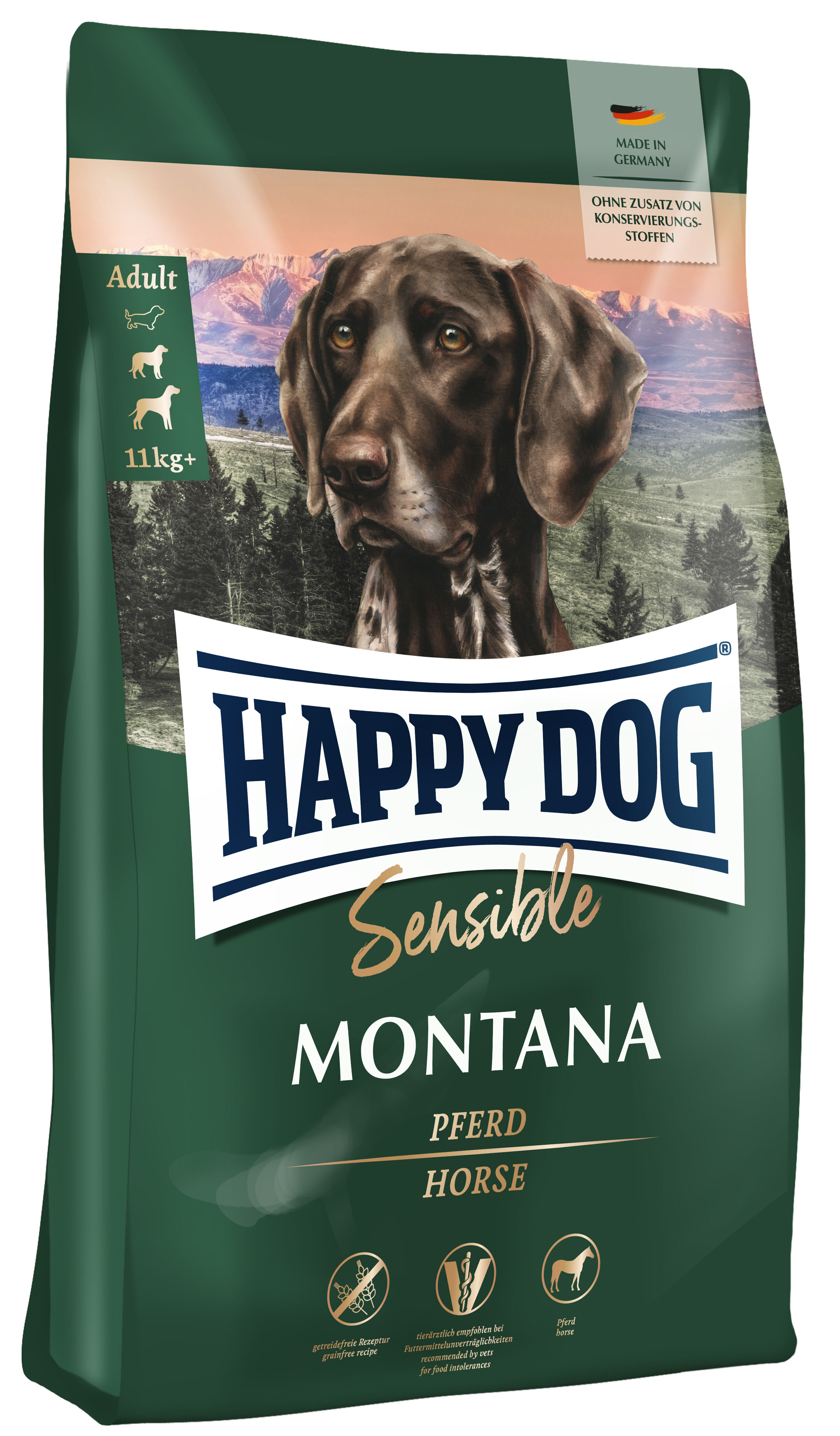 Verpackung von Happydog Hundefutter, Sorte "Montana" für ausgewachsene Hunde, Geschmacksrichtung Pferd, ohne Zusatz von Konservierungsstoffen, in Deutschland hergestellt.
