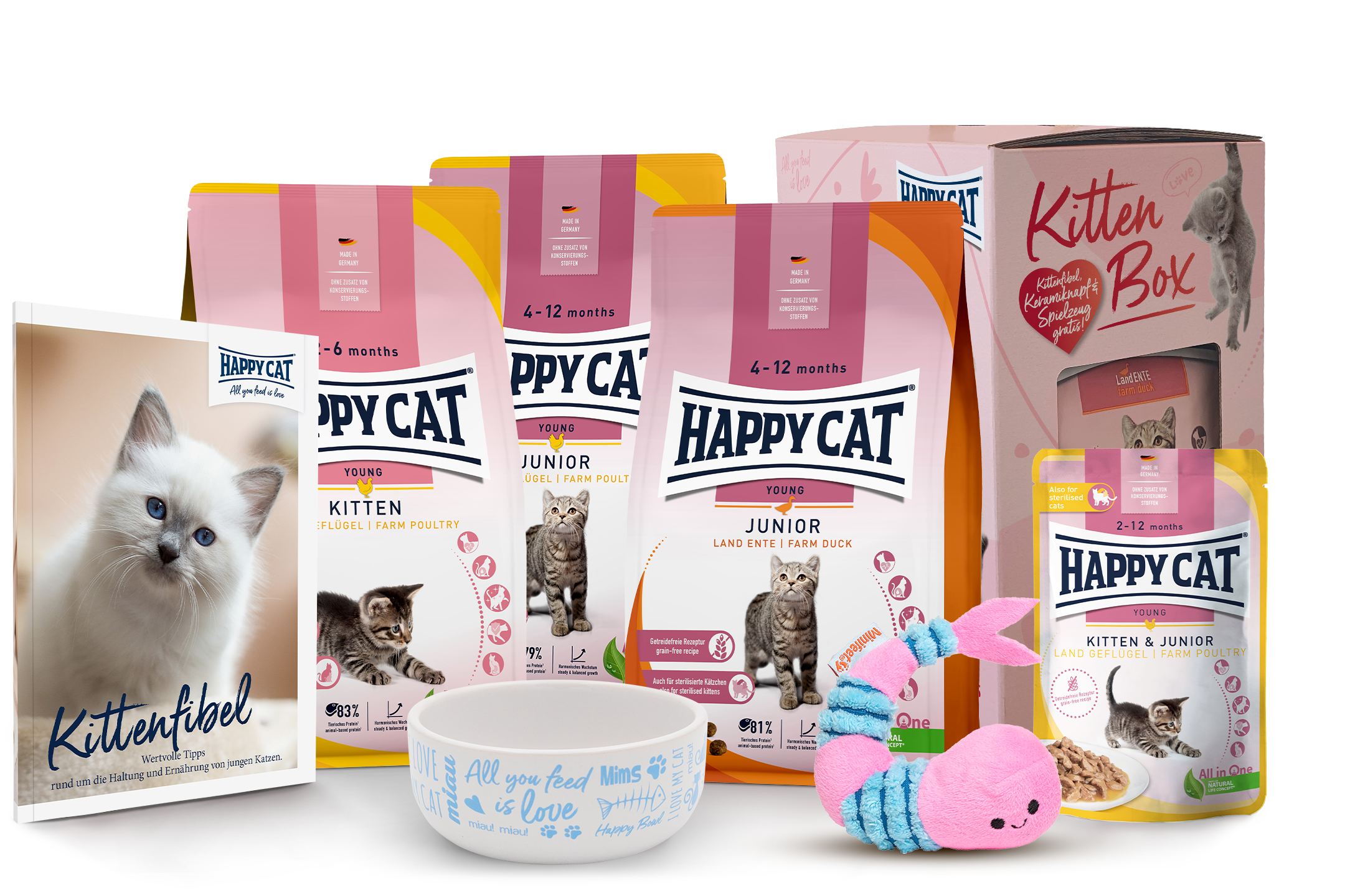 Kitten & Junior Box Katze-Futtermarke "Happy Cat" mit verschiedenen Produkten für Kätzchen: Futterpakete, Spielzeug, Napf und Infobroschüre. Zielgruppe: Katzenbesitzer.