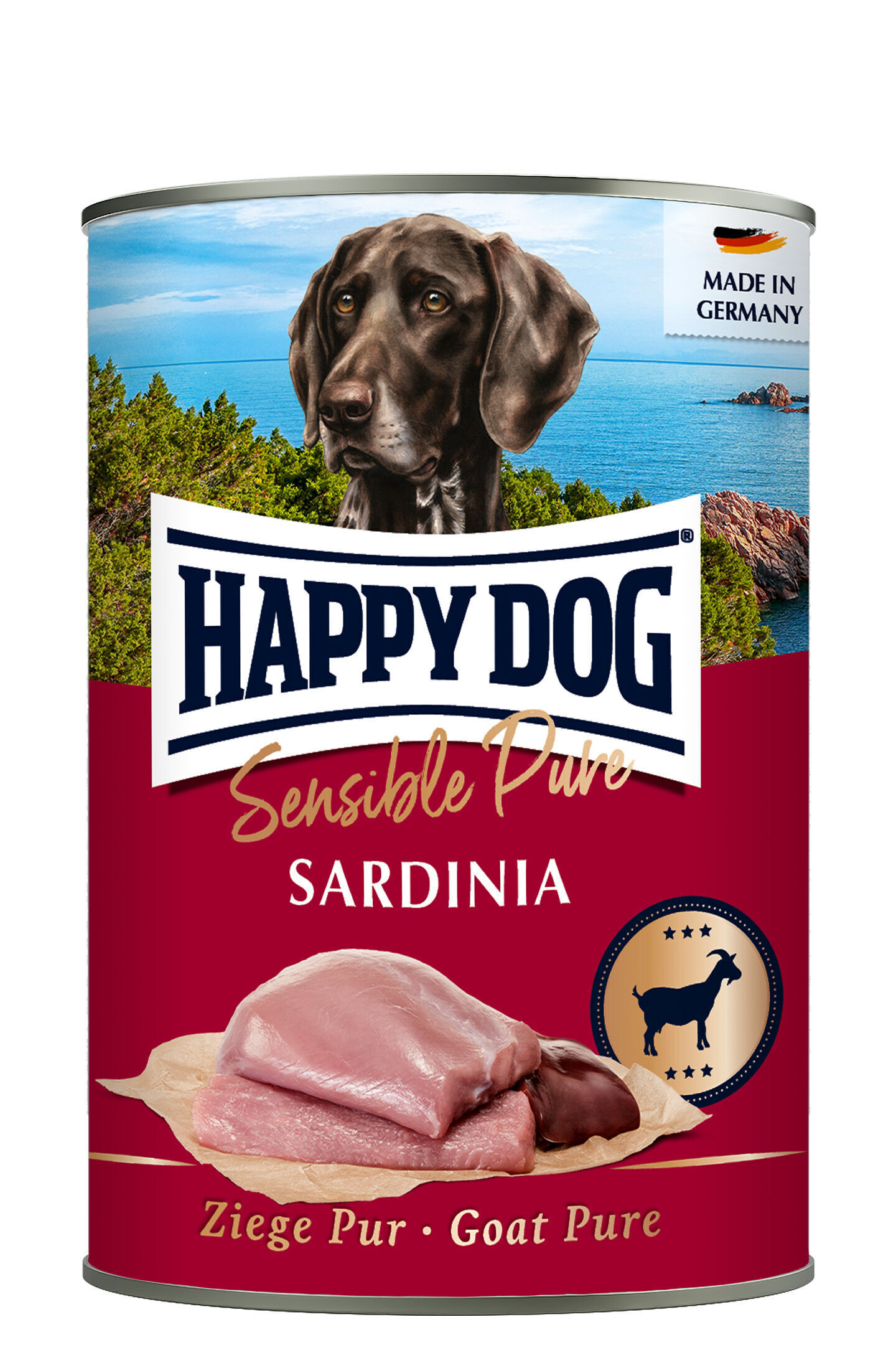 Hund auf Konservendose "HAPPY DOG" Sensible Pure Sardinia, mit Landschaft im Hintergrund. Text: "Made in Germany", "Ziege Pur", "Goat Pure".