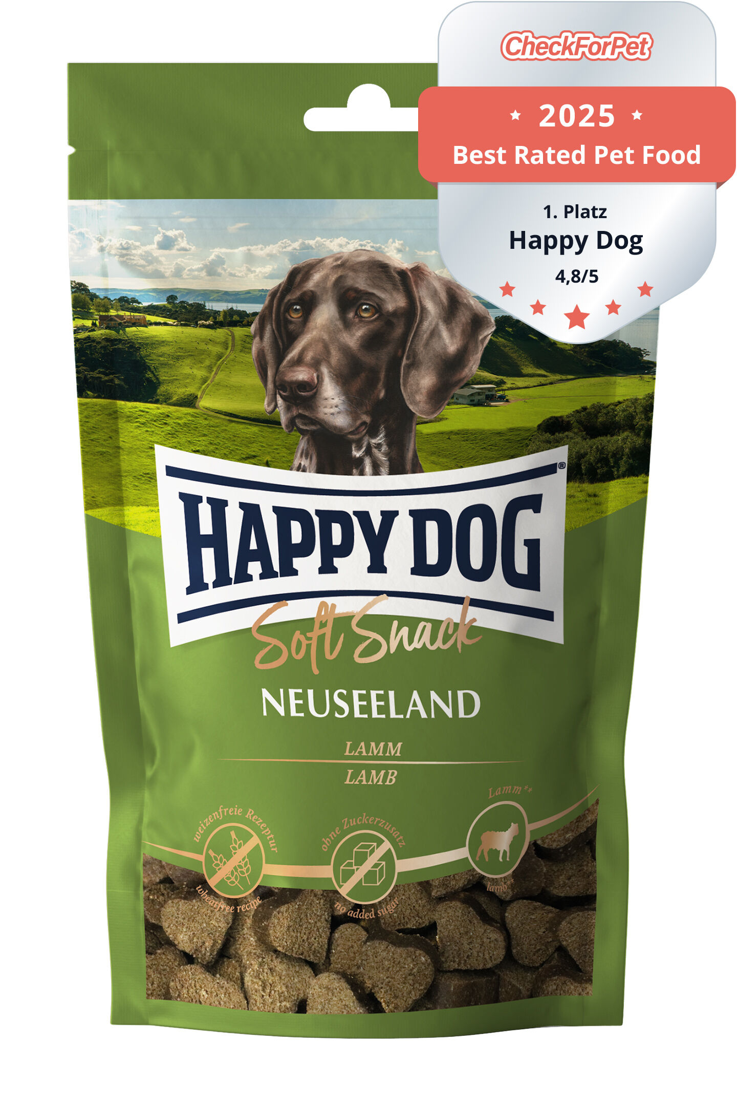 Verpackung von Happydog Soft Snack Neuseeland mit Lammgeschmack, illustriert mit einem Hund und einer grünen Landschaft. Text: „Made in Germany, ohne Zusatz von Konservierungsstoffen“.