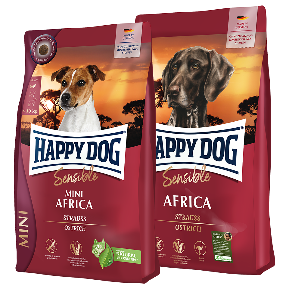 Produktverpackung von Happy Dog Sensible in der Sorte Africa Mini und Adult.
