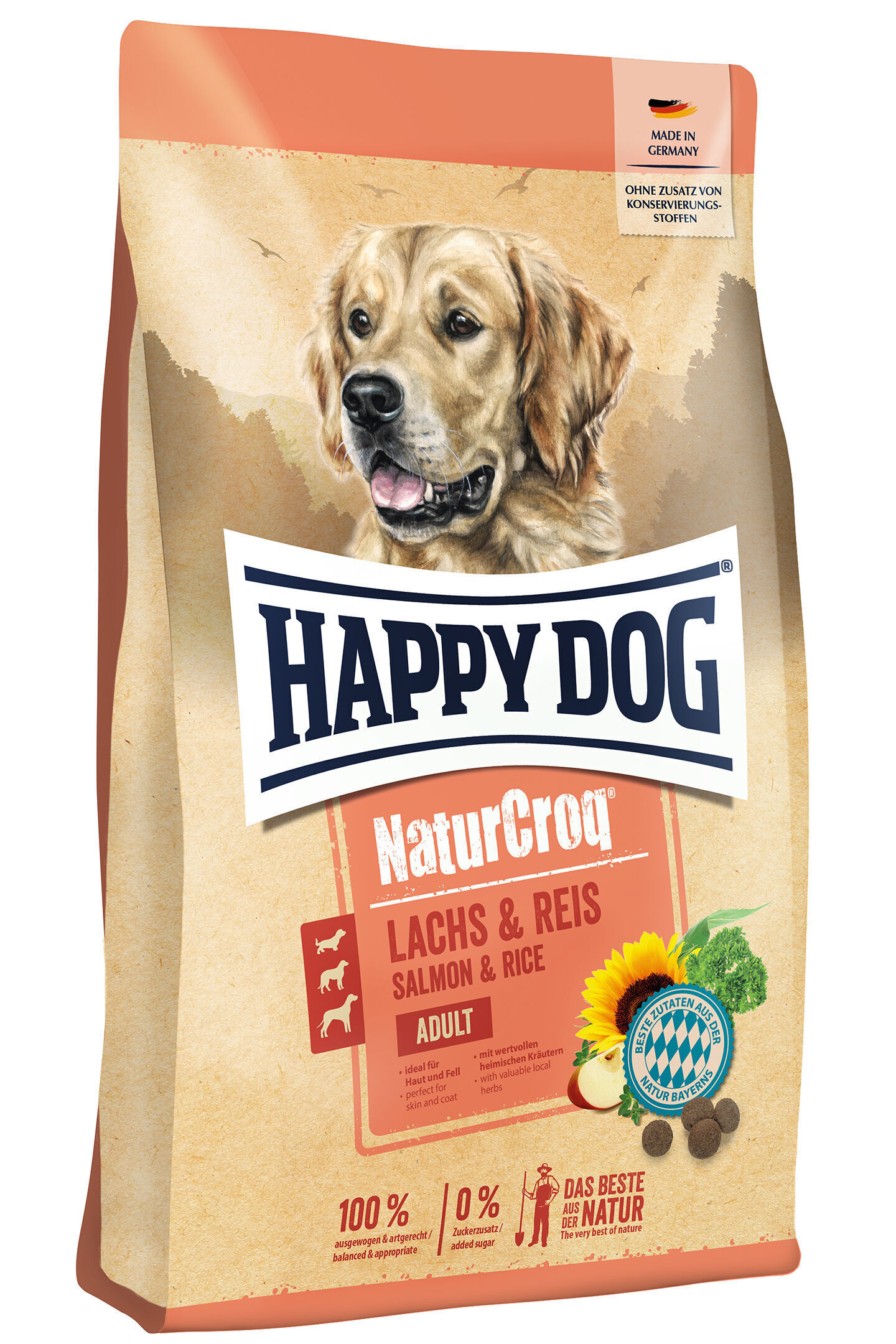 Das Bild zeigt eine Verpackung von Happydog NaturCroq Hundefutter mit der Sorte Lachs & Reis, dekoriert mit einem Hund und Illustrationen von Zutaten.