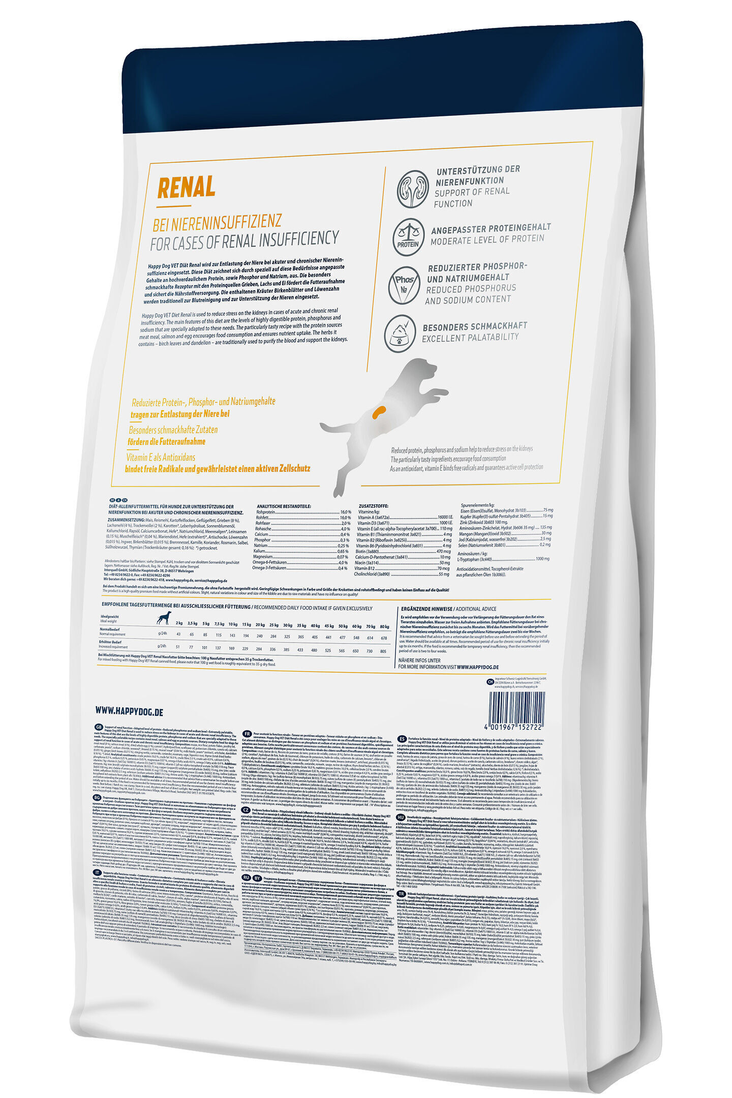 Verpackung für Happydog Nierenfutter mit reduziertem Protein-, Phosphor- und Natriumgehalt zur Unterstützung der Nierenfunktion bei Hunden. Inklusive Fütterungsempfehlungen und Inhaltsstoffen. Webseite: www.happydog.de.