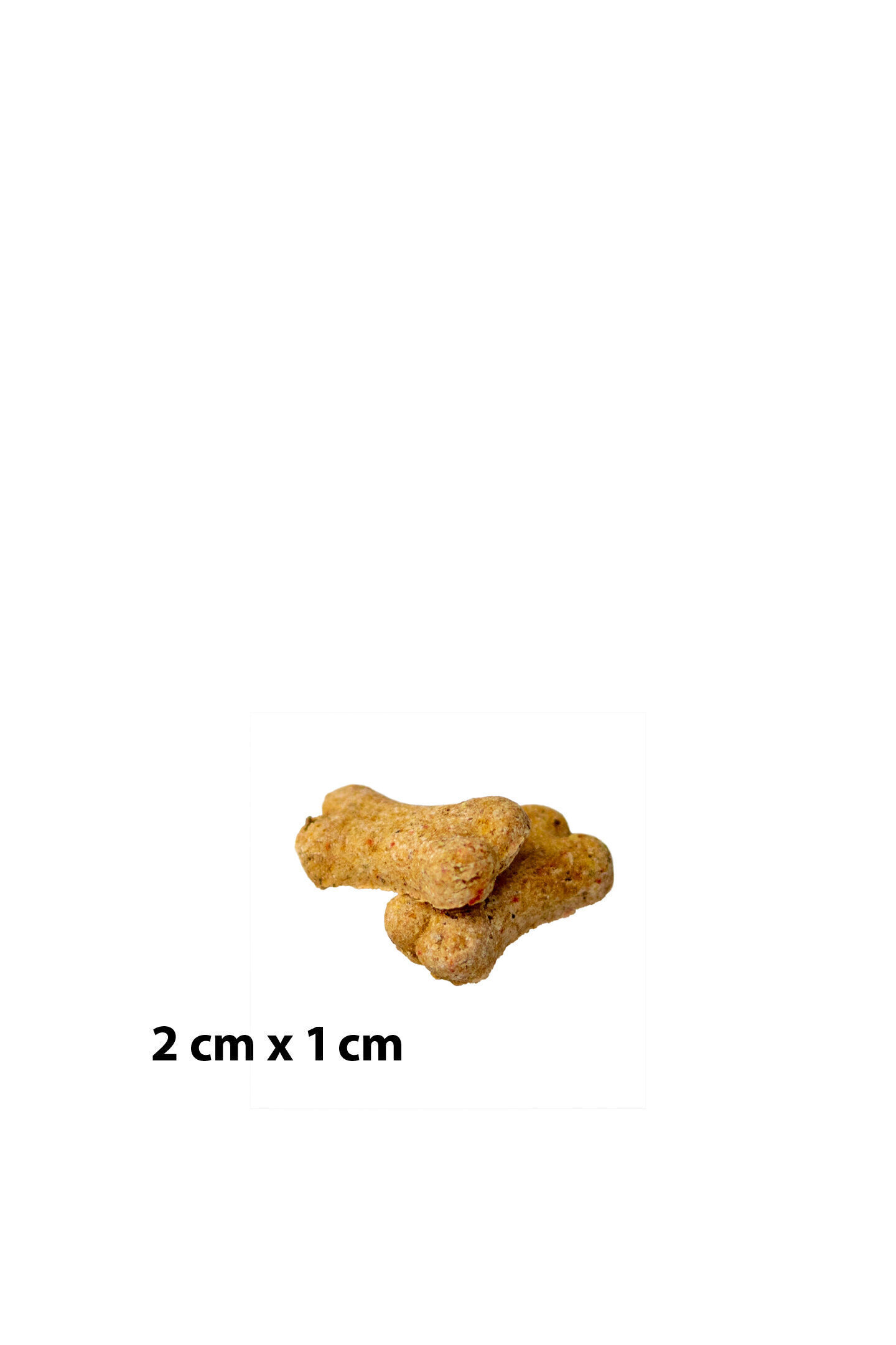 Drei braune, knochenförmige Hunde-Leckerlis auf weißem Hintergrund. Text: "2 cm x 1 cm". Happydog passt gut zu diesen Leckerlis.