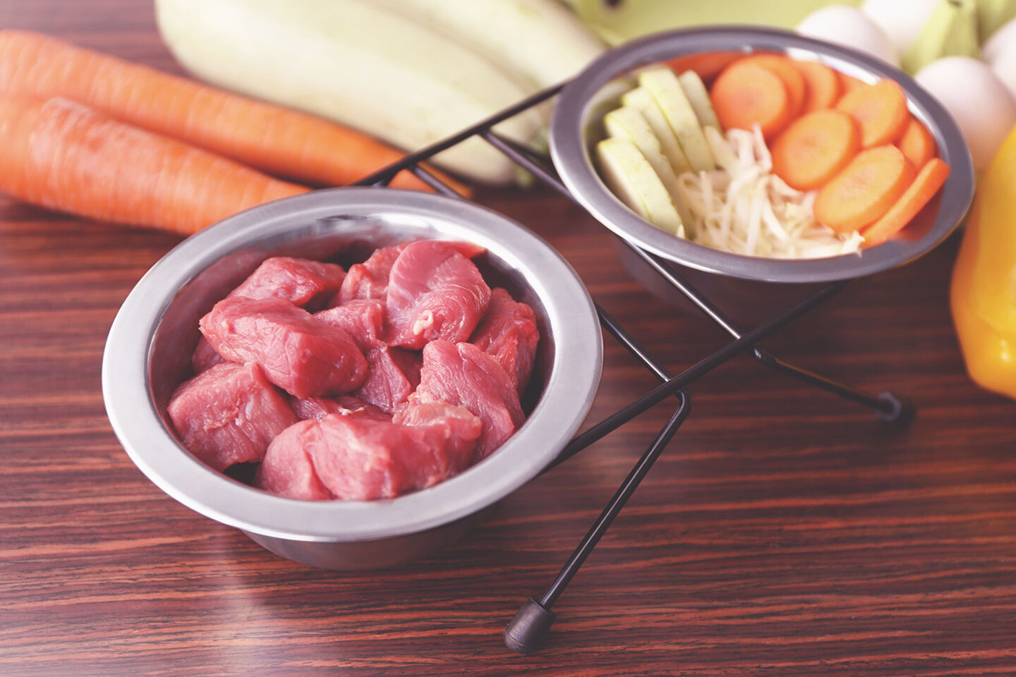 Ein Schälchen für rohes Fleisch und ein Schälchen mit Gemüse, stellvertretend für die Zutaten für Trockenfutter