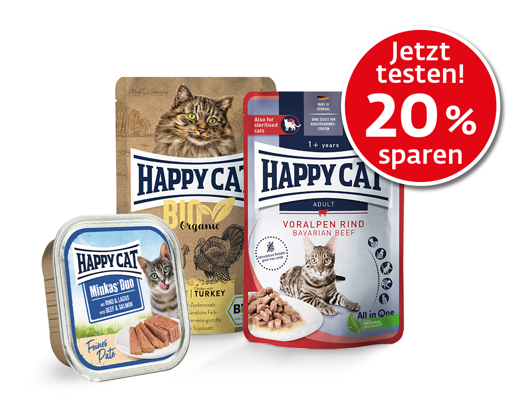 Drei verschiedene Nassfutterpackungen von Happy Cat mit 20% Rabatt Sticker