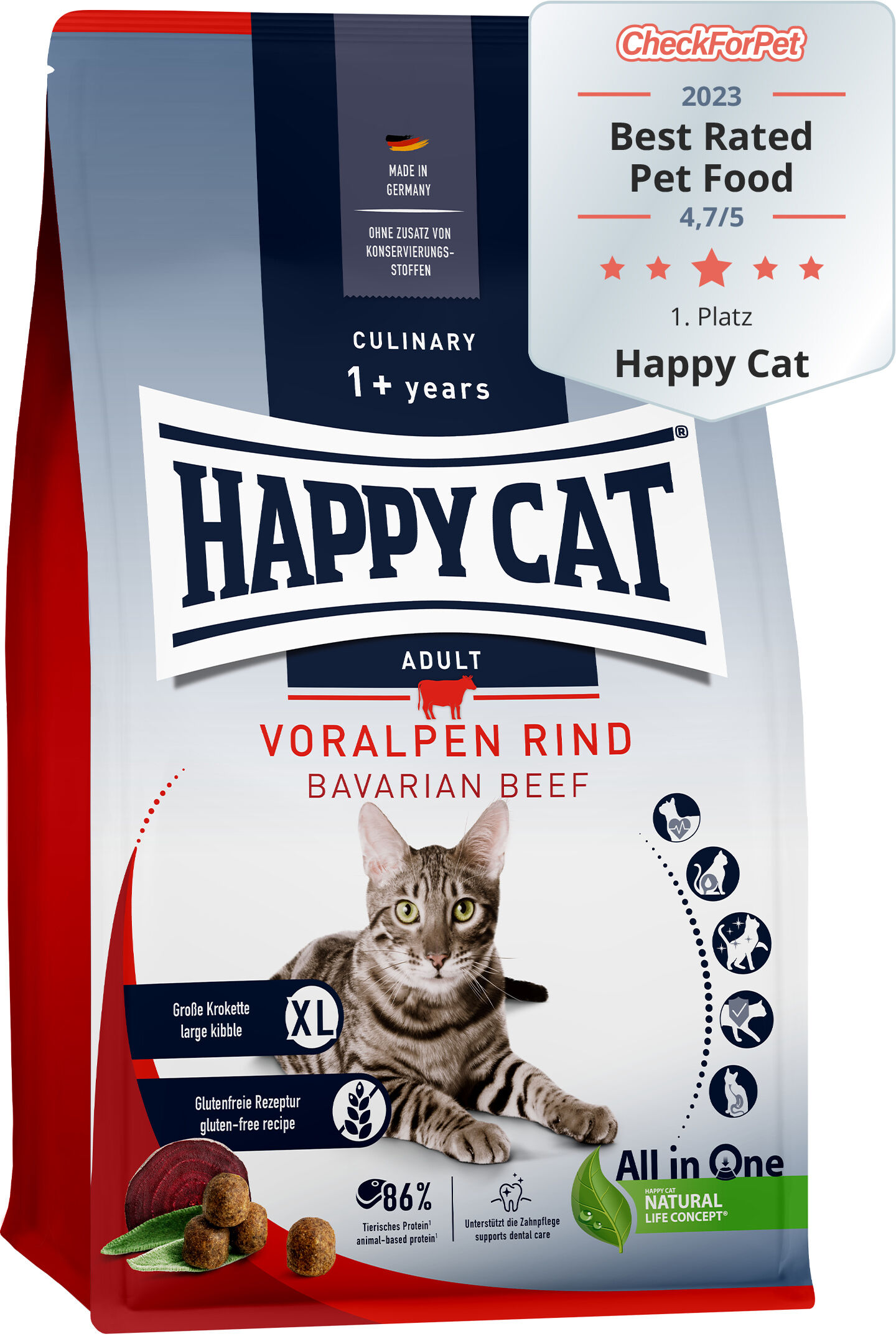 Verpackung für Katzenfutter mit einem Foto einer Katze und den Aufschriften "Happy Cat", "Voralpen Rind", "CheckForPet 2023 Best Rated Pet Food 4,7/5", glutenfreie Rezeptur. Made in Germany.