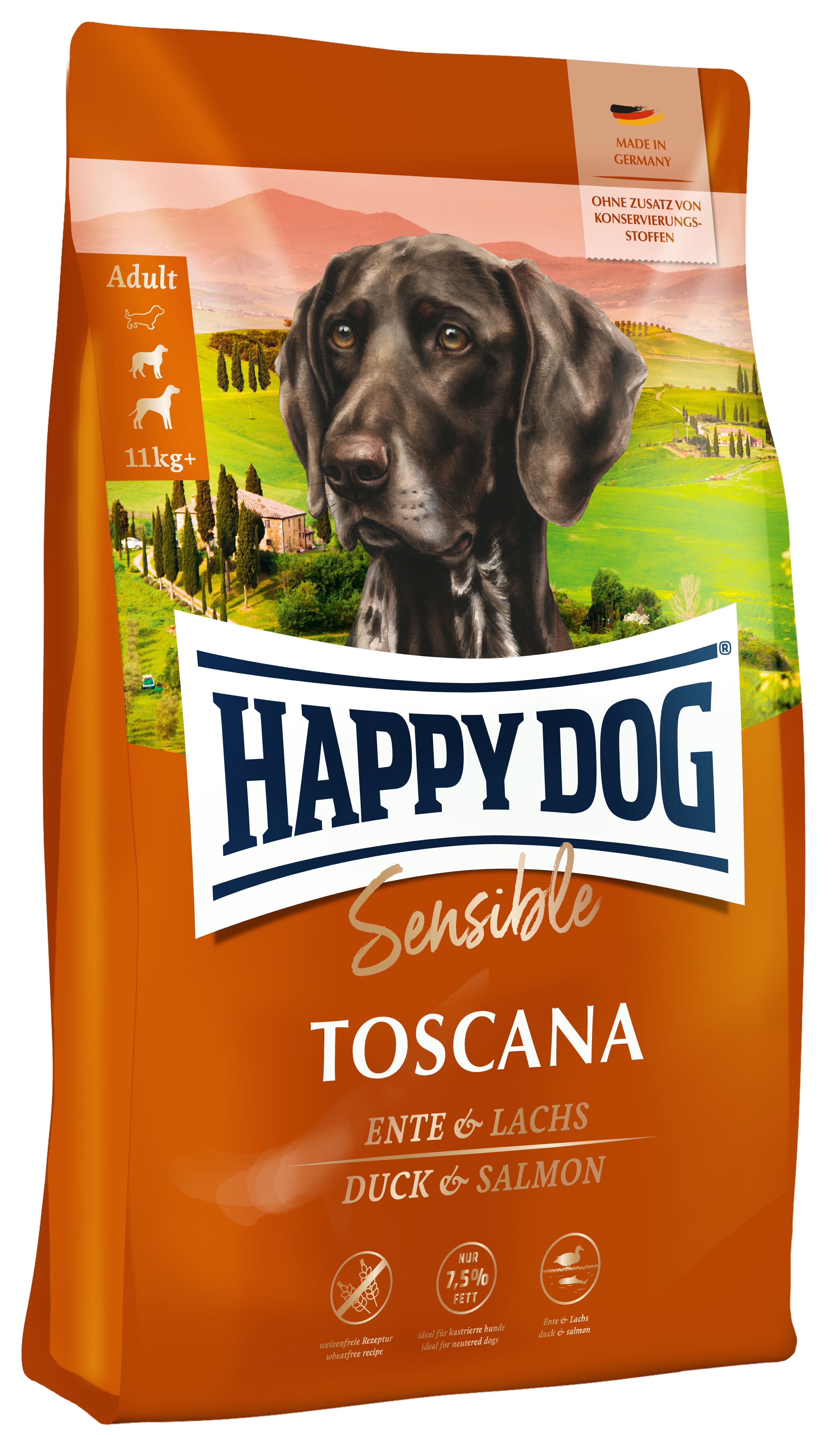 Verpackung von Happydog Sensible Toscana Trockenfutter zeigt einen Hund vor toskanischer Landschaft; Text: "Ente & Lachs", "Made in Germany", "ohne Zusatz von Konservierungsstoffen", "nur 7,5% Fett".