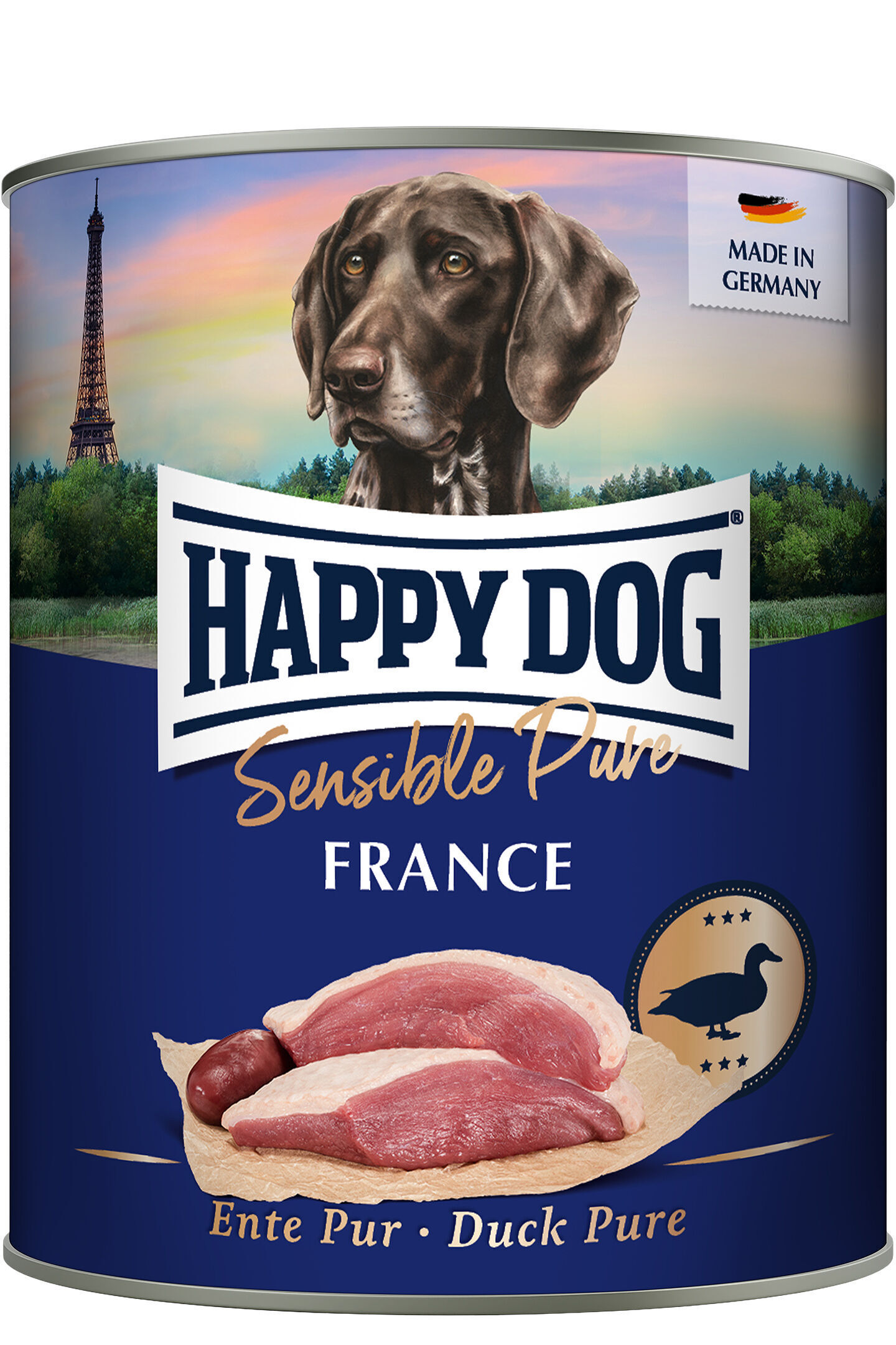 Hundefutterdose mit Hundebild und Eiffelturm im Hintergrund. Text: "HAPPY DOG Sensible Pure FRANCE, Ente Pur, Duck Pure, Made in Germany." Enthält Entenfleisch-Abbildung.