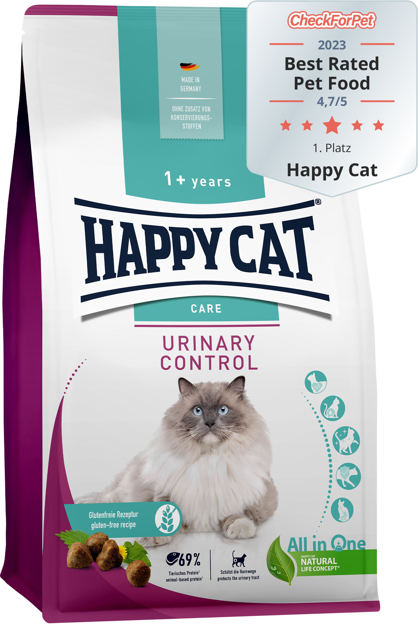 Die Verpackung von Happy Cat Urinary Control ziert eine langhaarige Katze. Textdetails: "Made in Germany", "Ohne Zusatz von Konservierungsstoffen", "69% tierisches Protein", "Schützt die Harnwege", "1+ years", "Glutenfreie Rezeptur".